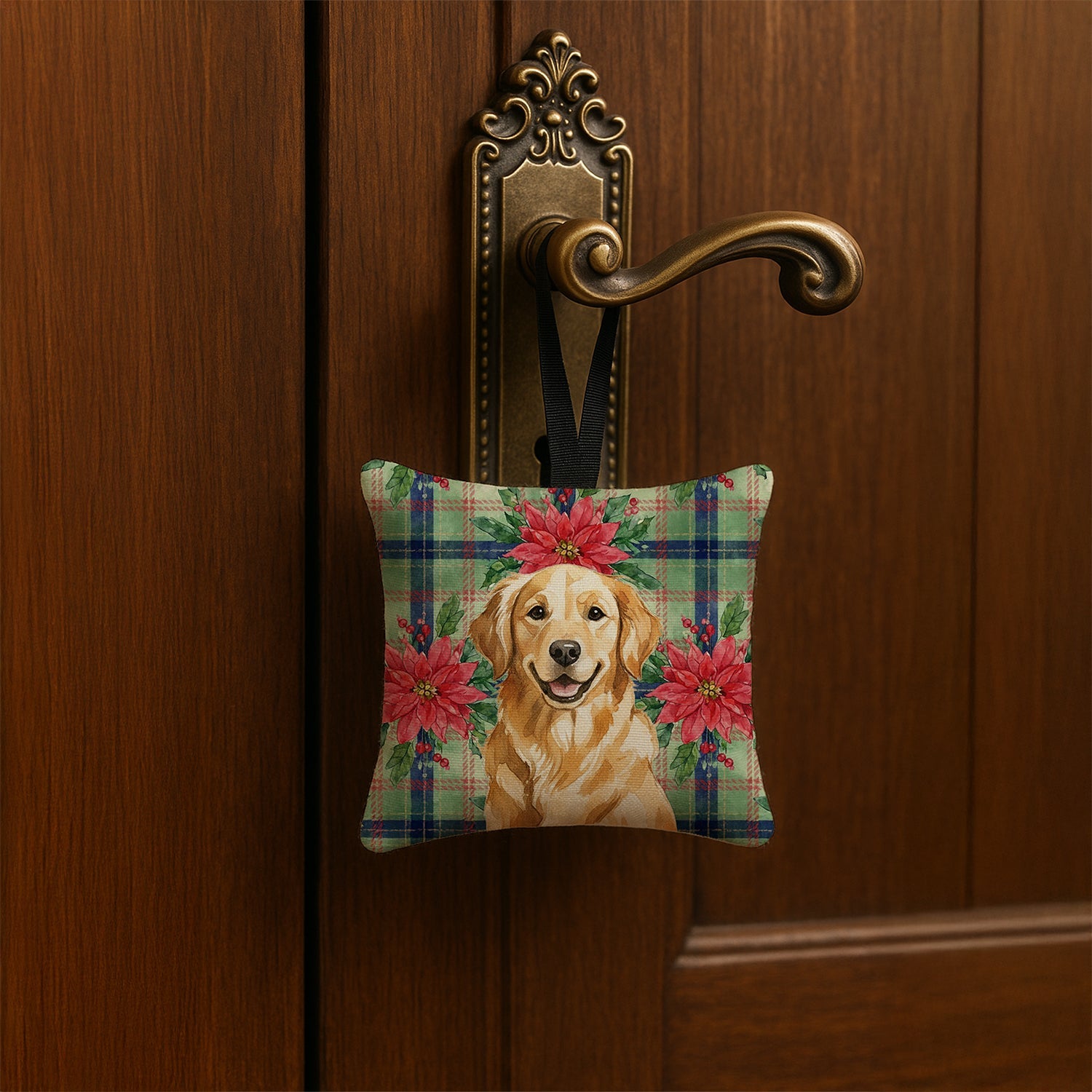 Golden Retriever Christmas PoinsettIas Hanging Square Fabric Ornament 3.5 � 3.5 Decorative Door-Knob & Tree Hanger, Soft Fabric