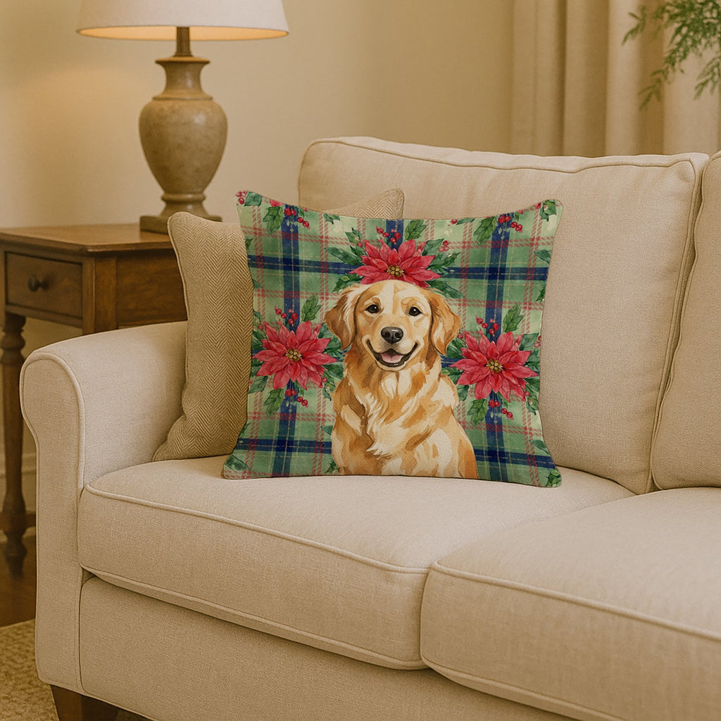 Golden Retriever Christmas PoinsettIas Decorative Throw Pillow 14x14 Indoor Outdoor Accent Cushion, Fabric Cover with Insert for Sofa, Bed, Porch & Living Room