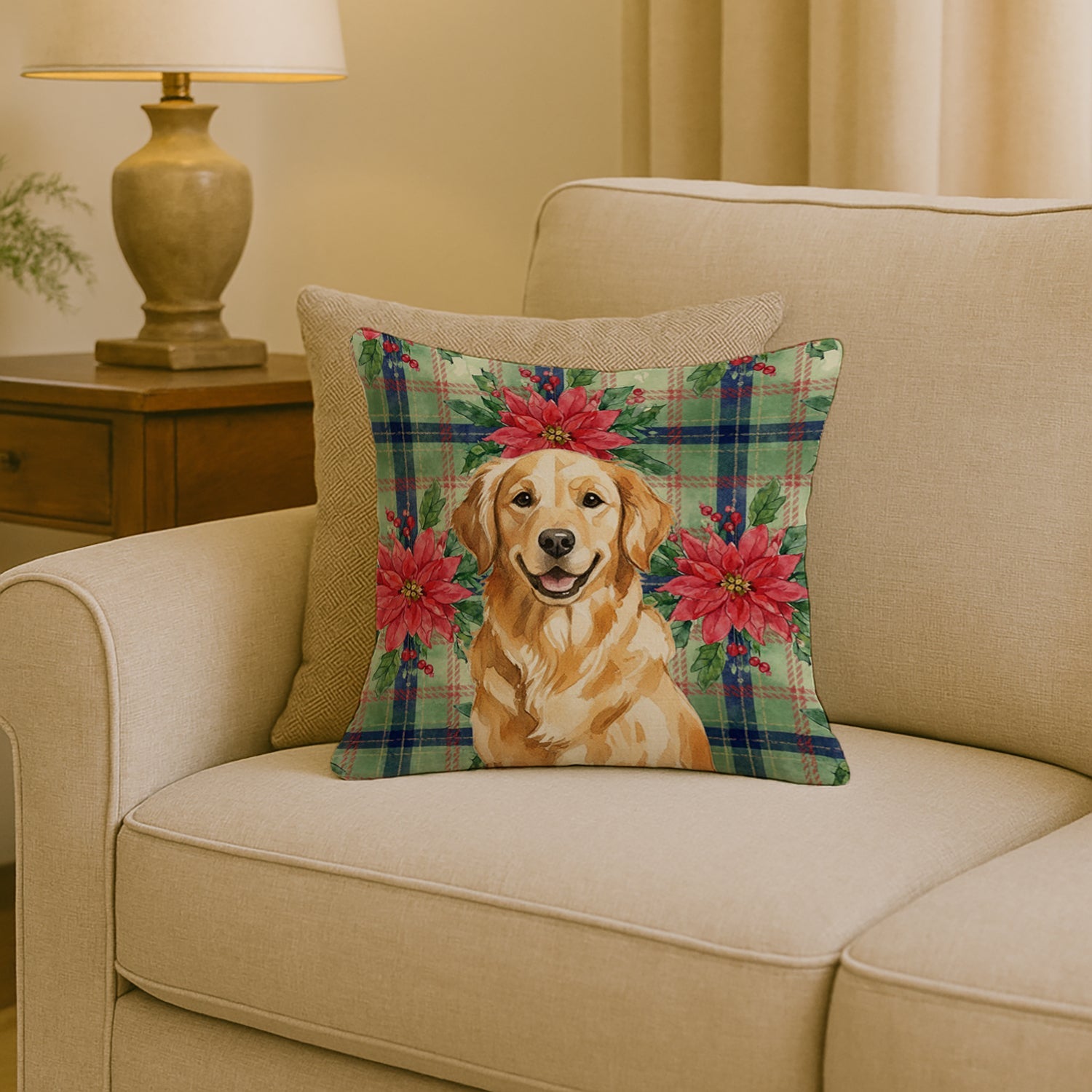 Golden Retriever Christmas PoinsettIas Decorative Throw Pillow 18x18 Indoor Outdoor Accent Cushion, Fabric Cover with Insert for Sofa, Bed, Porch & Living Room