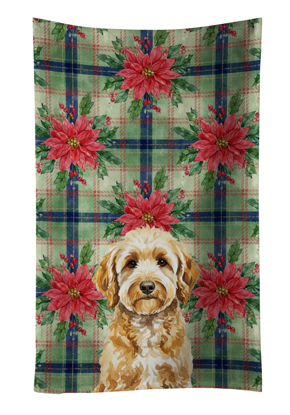 Goldendoodle Christmas PoinsettIas Kitchen Towel Velour Plush Front and Cotton Loop Back Machine Washable