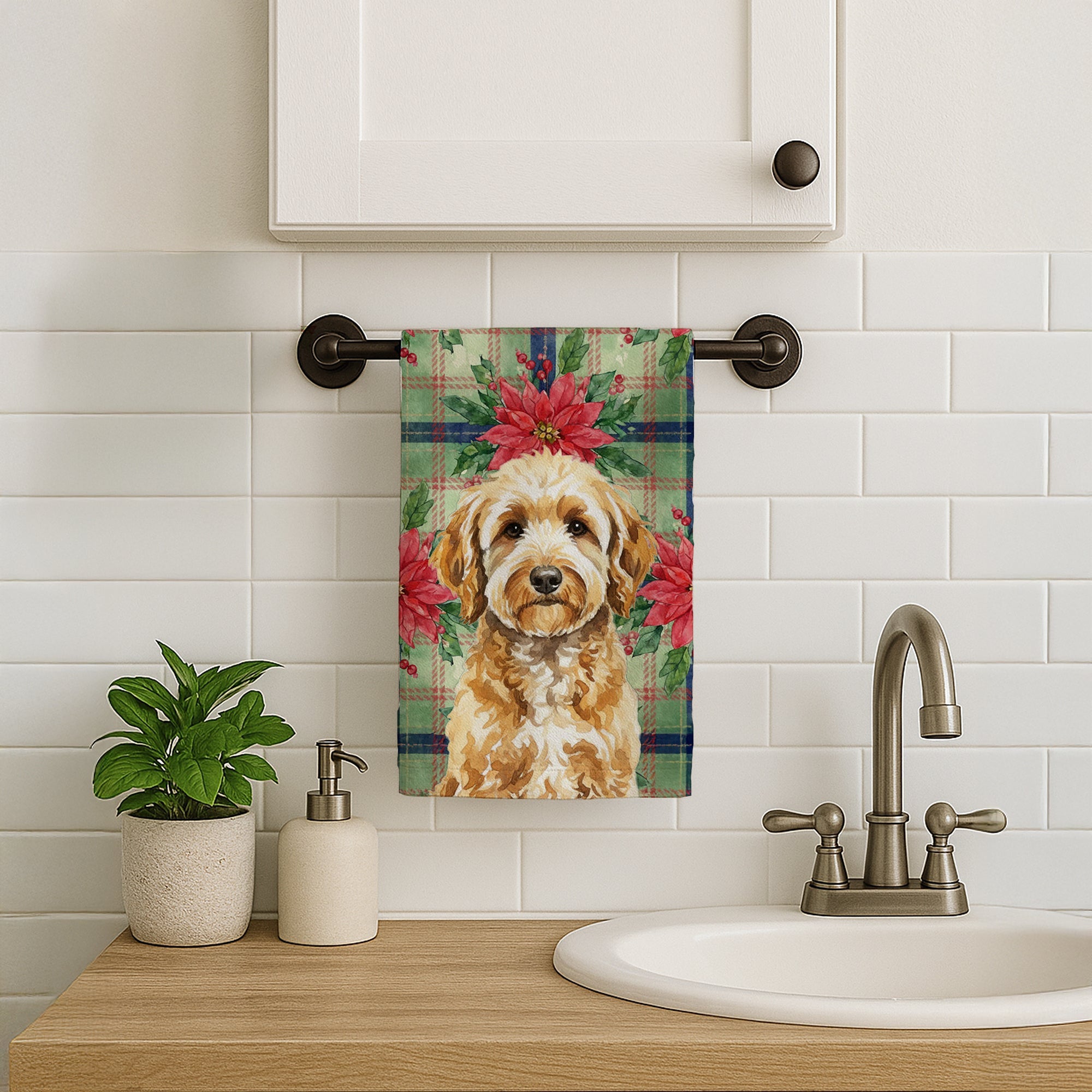 Goldendoodle Christmas PoinsettIas Kitchen Towel Velour Plush Front and Cotton Loop Back Machine Washable