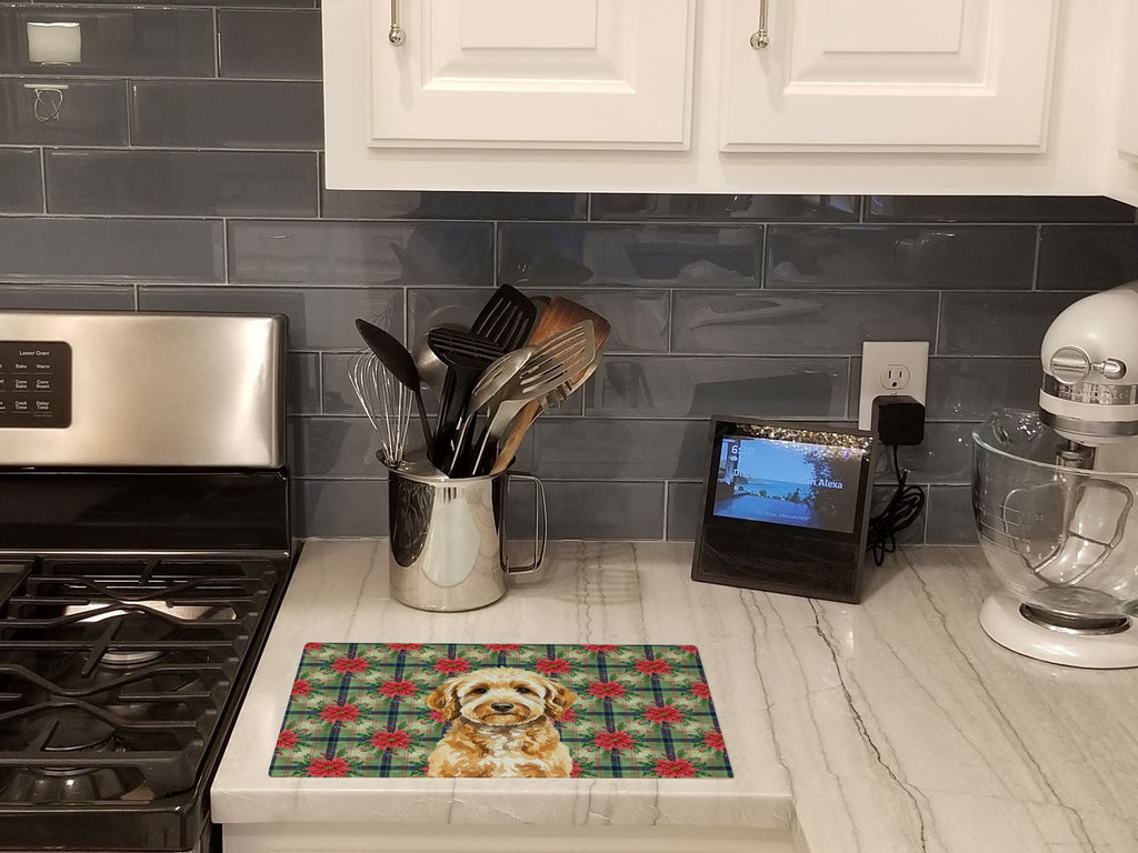 Goldendoodle Christmas PoinsettIas Cutting Board Tempered Glass Kitchen Cutting Surface, Heat Resistant Chopping, Non-Slip Feet, Food Prep & Serving