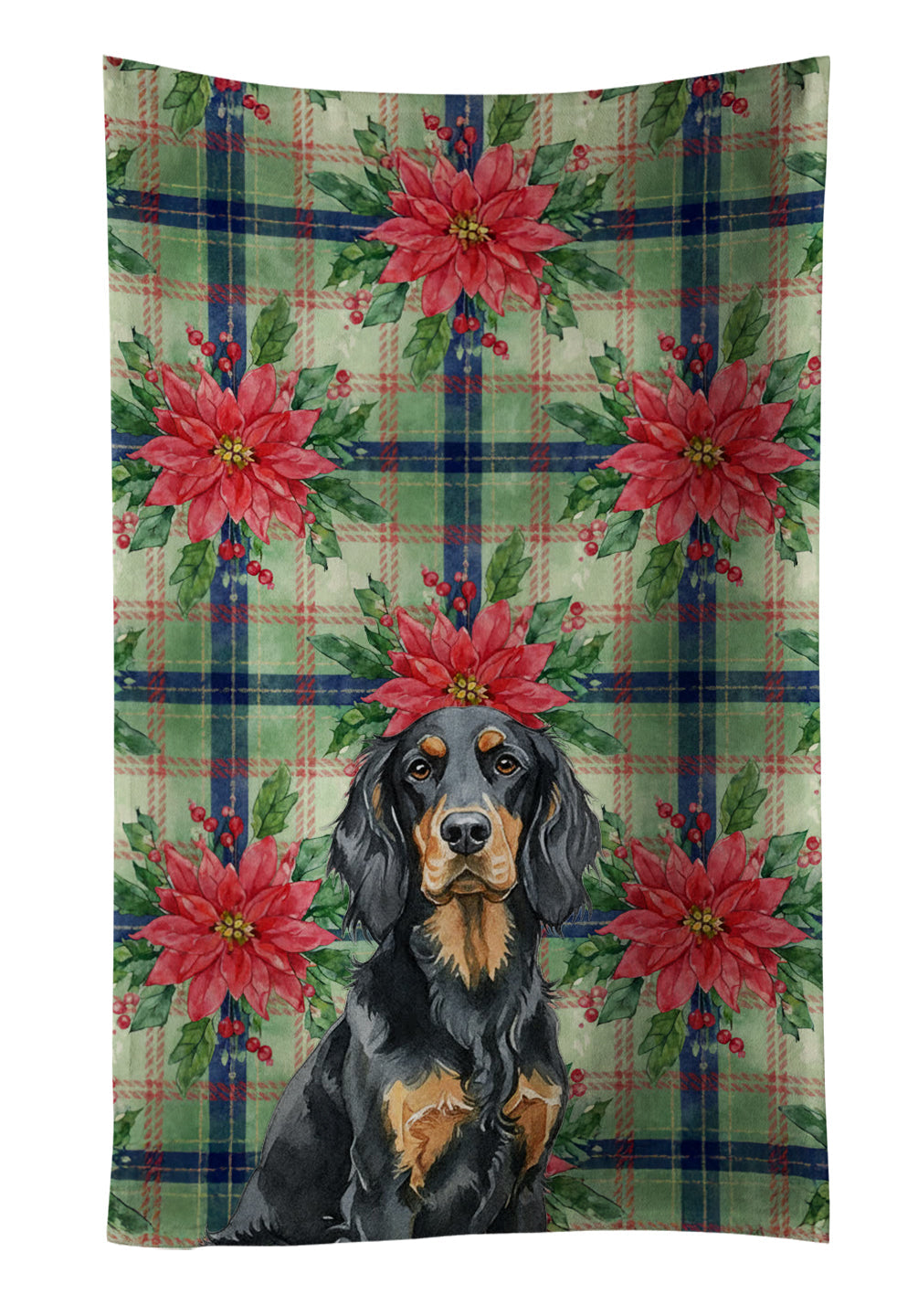 Gordon Setter Christmas PoinsettIas Kitchen Towel Velour Plush Front and Cotton Loop Back Machine Washable