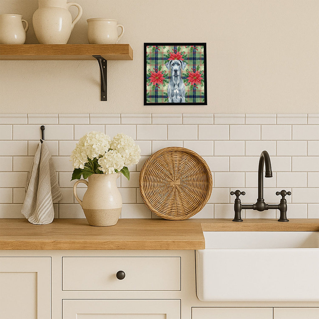 Blue Great Dane Christmas PoinsettIas Framed Metal Print Bathroom, Kitchen, Office, Home Decor Wall Art Ready to Hang, Square, 8X8
