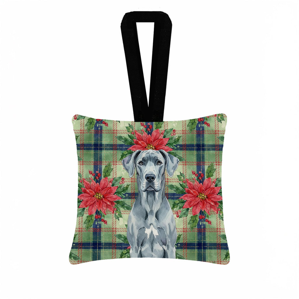 Blue Great Dane Christmas PoinsettIas Hanging Square Fabric Ornament 3.5 � 3.5 Decorative Door-Knob & Tree Hanger, Soft Fabric