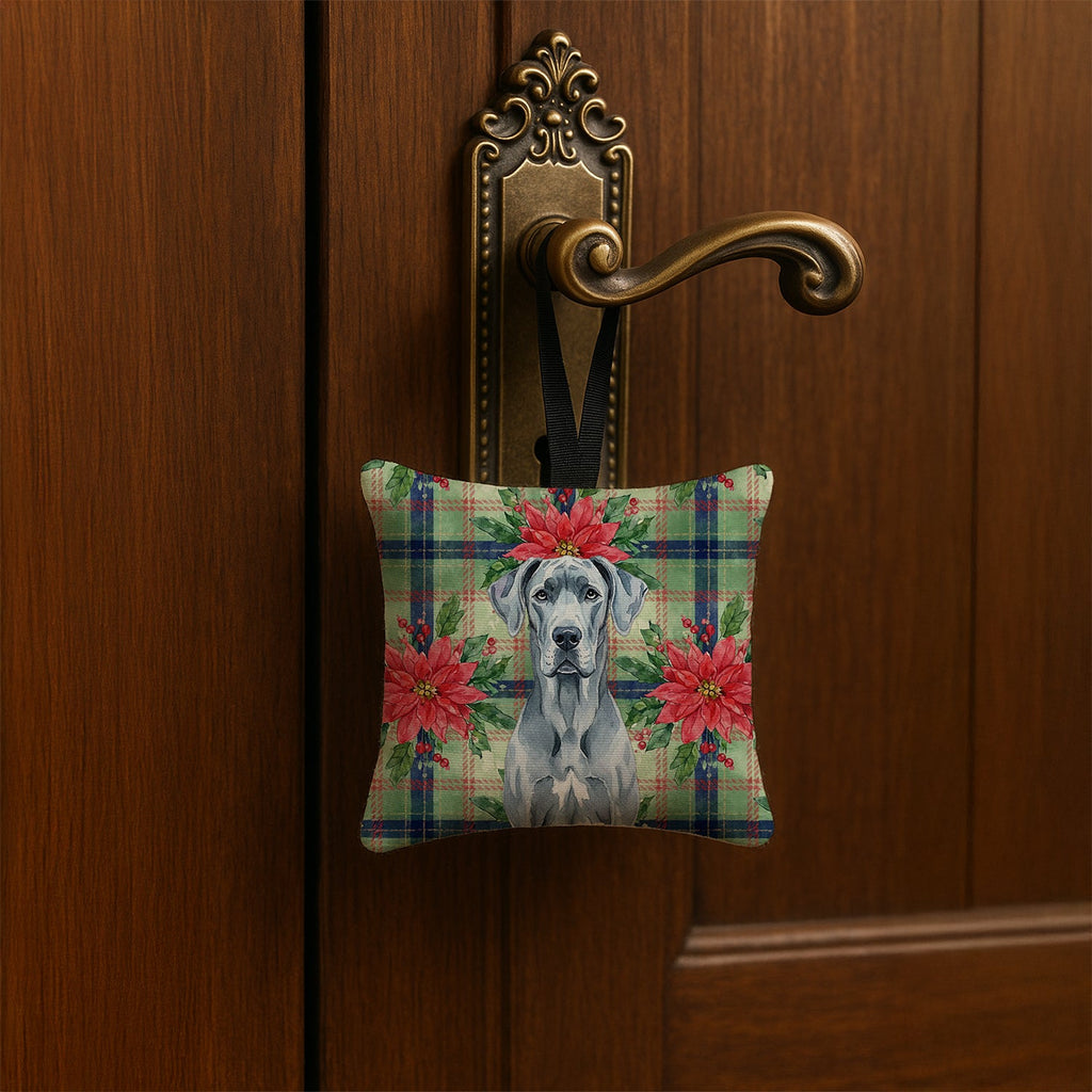 Blue Great Dane Christmas PoinsettIas Hanging Square Fabric Ornament 3.5 � 3.5 Decorative Door-Knob & Tree Hanger, Soft Fabric