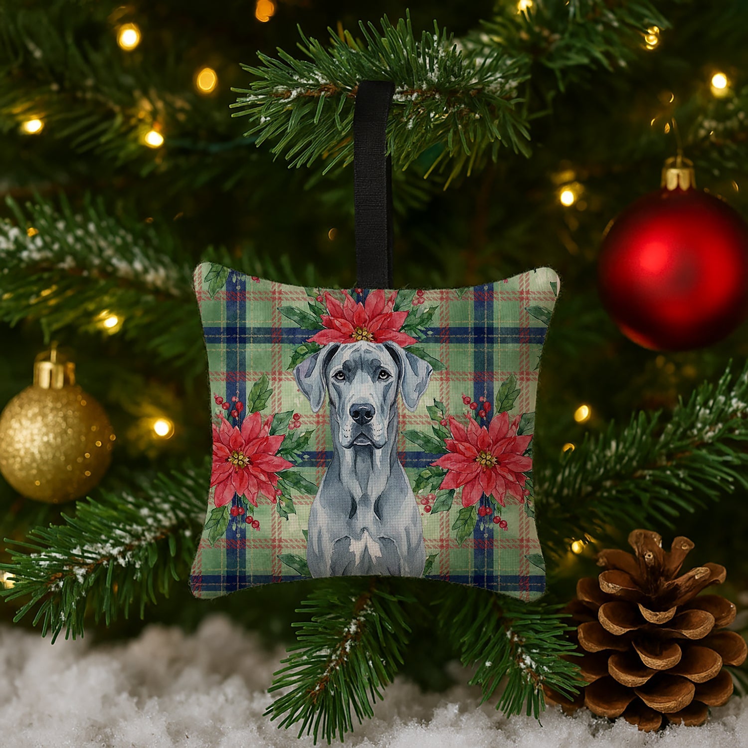 Blue Great Dane Christmas PoinsettIas Hanging Square Fabric Ornament 3.5 � 3.5 Decorative Door-Knob & Tree Hanger, Soft Fabric