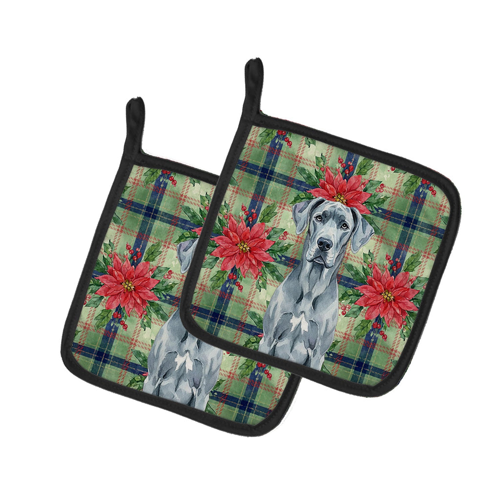 Blue Great Dane Christmas PoinsettIas Pot Holder Set of 2 Heat Resistant Quilted Hot Pads 7.5 x 7.5 Inch, Insulated Kitchen Trivets for Cooking & Baking