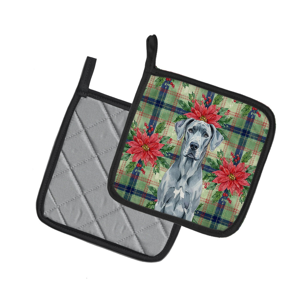 Blue Great Dane Christmas PoinsettIas Pot Holder Set of 2 Heat Resistant Quilted Hot Pads 7.5 x 7.5 Inch, Insulated Kitchen Trivets for Cooking & Baking