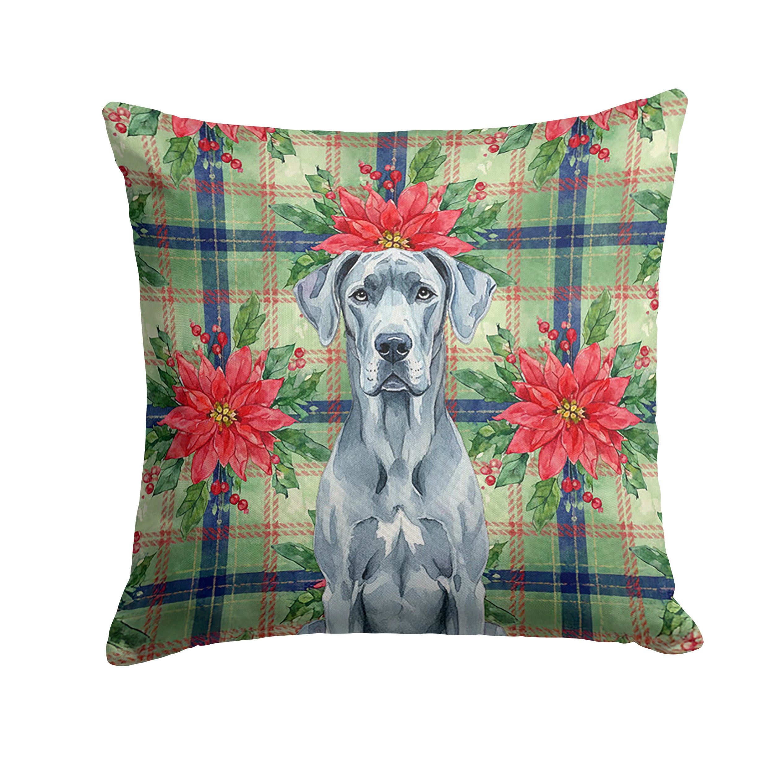 Blue Great Dane Christmas PoinsettIas Decorative Throw Pillow 14x14 Indoor Outdoor Accent Cushion, Fabric Cover with Insert for Sofa, Bed, Porch & Living Room