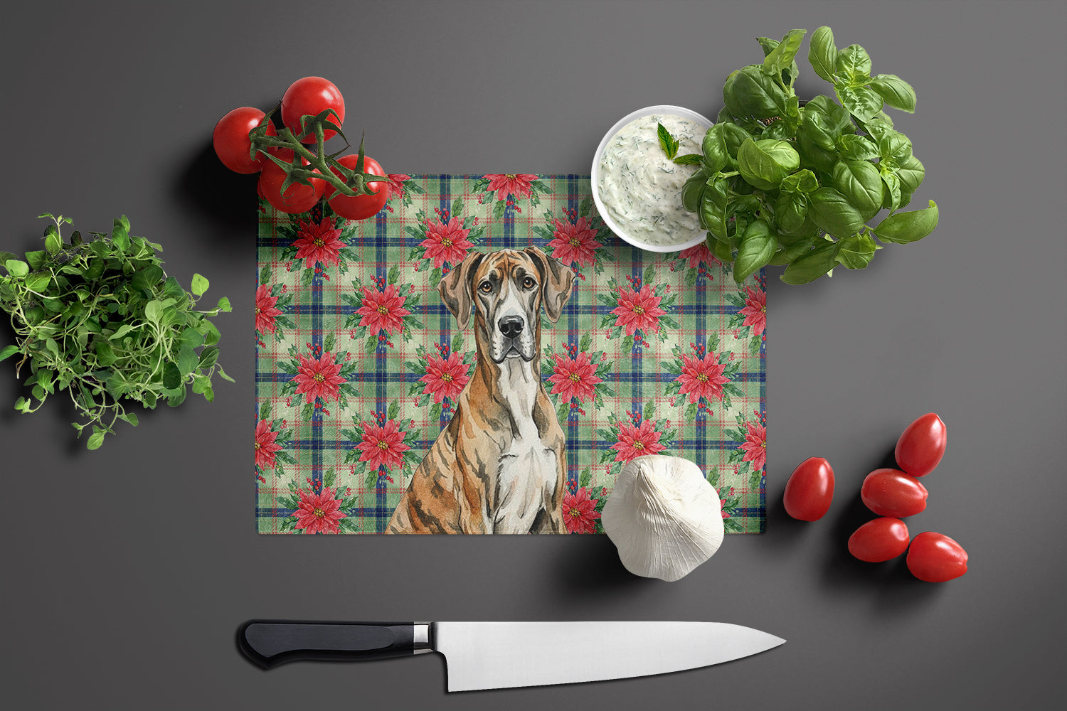 Brindle Great Dane Christmas PoinsettIas Cutting Board Tempered Glass Kitchen Cutting Surface, Heat Resistant Chopping, Non-Slip Feet, Food Prep & Serving