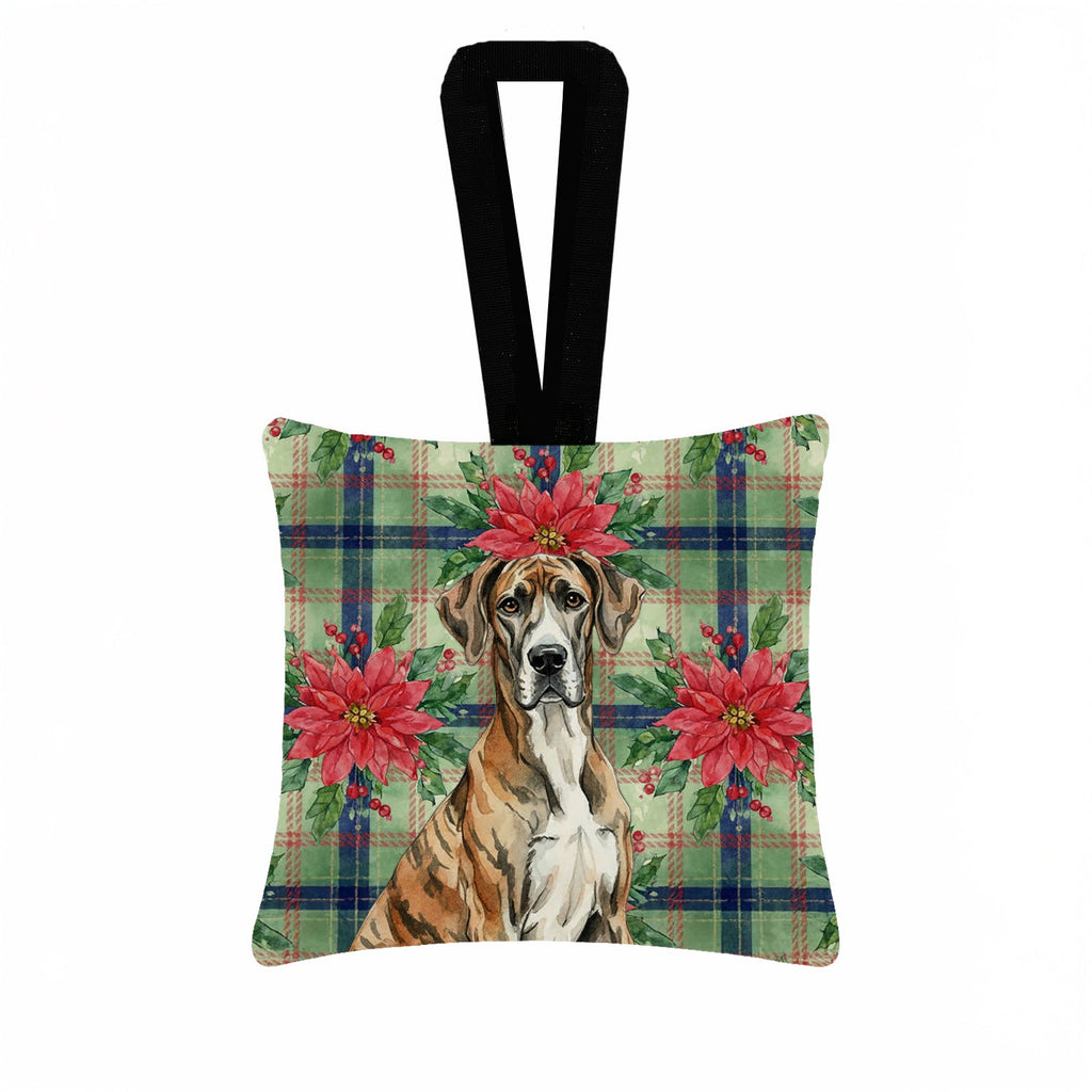 Brindle Great Dane Christmas PoinsettIas Hanging Square Fabric Ornament 3.5 � 3.5 Decorative Door-Knob & Tree Hanger, Soft Fabric