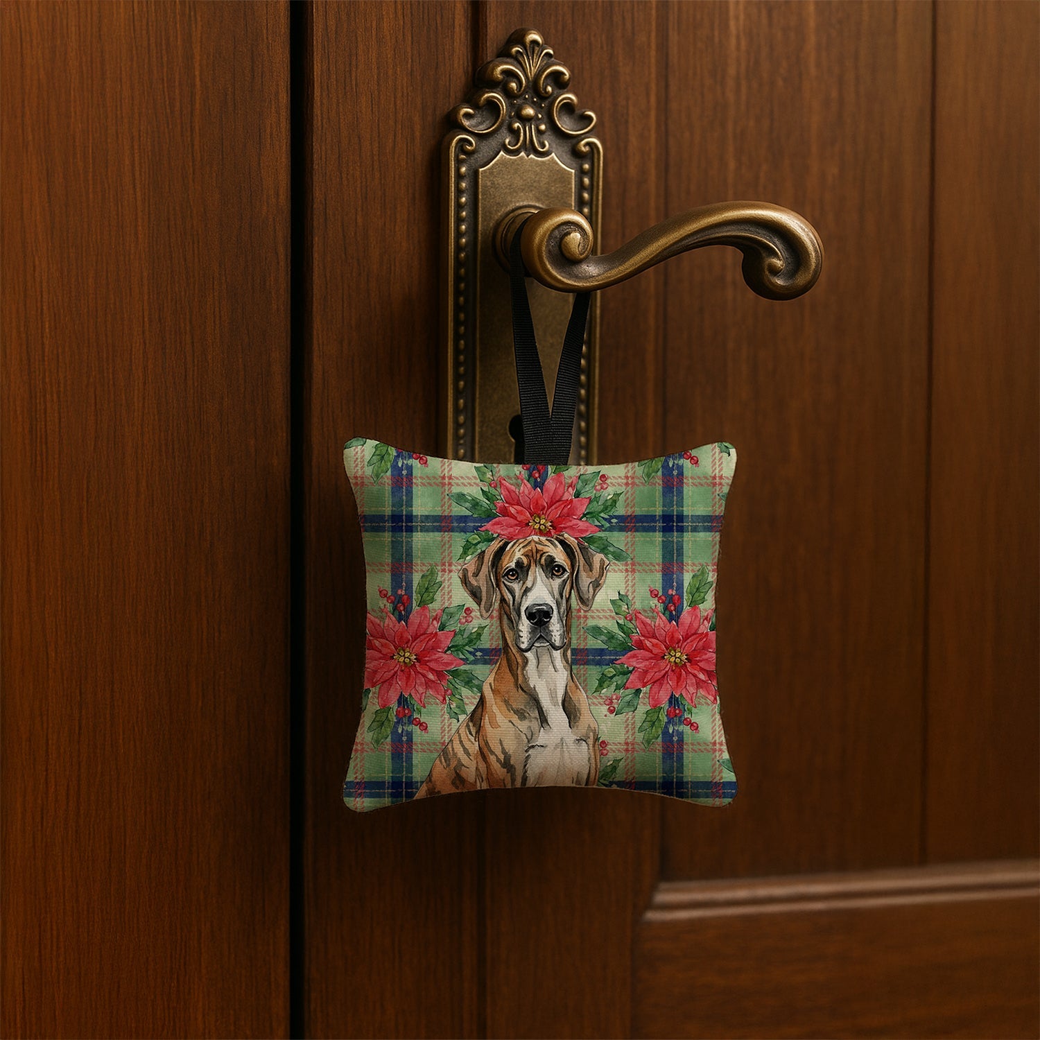 Brindle Great Dane Christmas PoinsettIas Hanging Square Fabric Ornament 3.5 � 3.5 Decorative Door-Knob & Tree Hanger, Soft Fabric