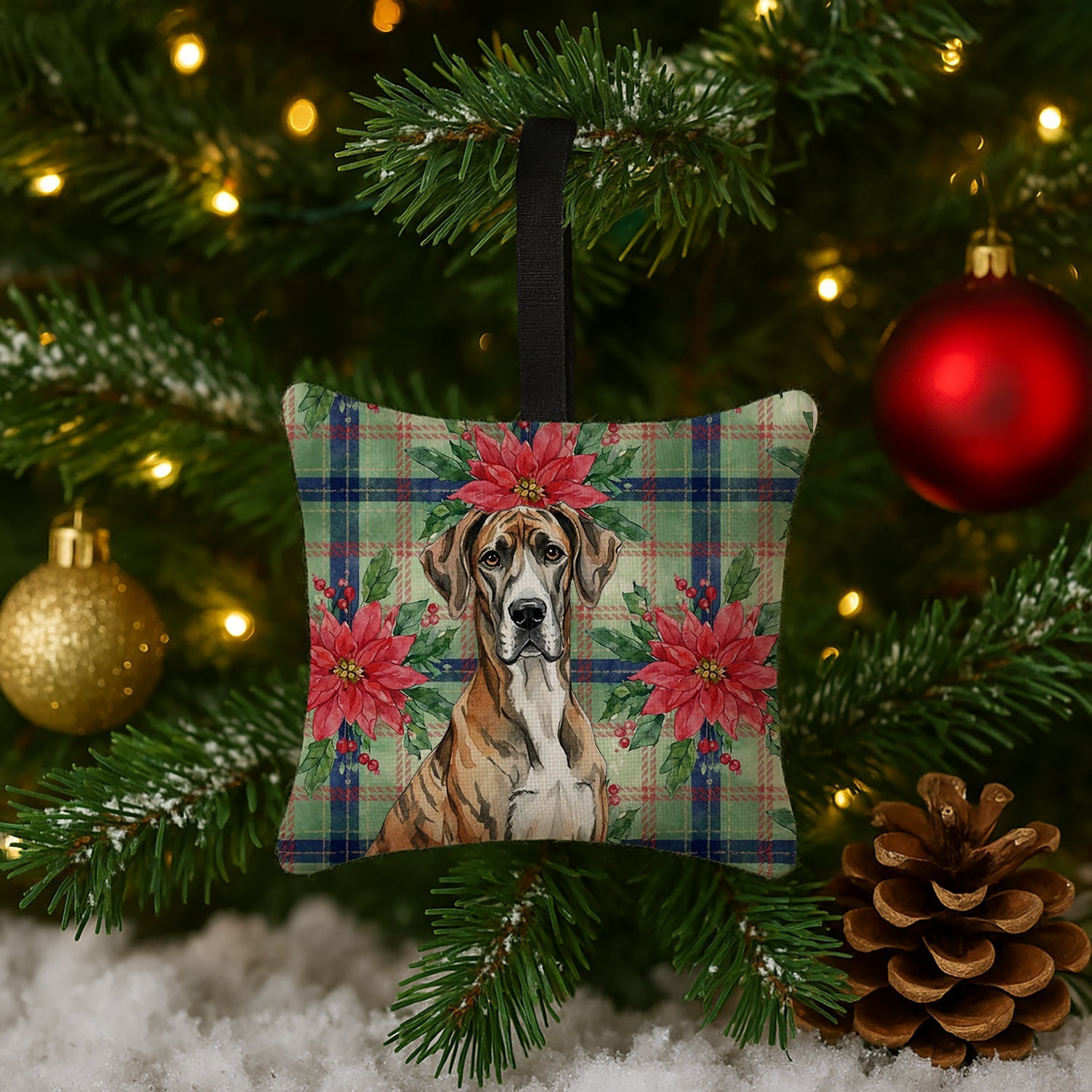 Brindle Great Dane Christmas PoinsettIas Hanging Square Fabric Ornament 3.5 � 3.5 Decorative Door-Knob & Tree Hanger, Soft Fabric