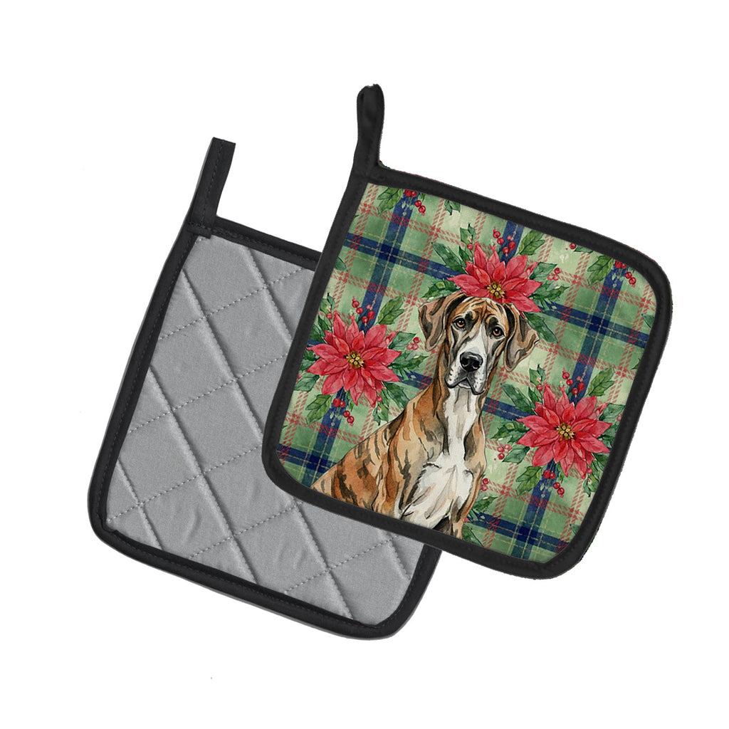 Brindle Great Dane Christmas PoinsettIas Pot Holder Set of 2 Heat Resistant Quilted Hot Pads 7.5 x 7.5 Inch, Insulated Kitchen Trivets for Cooking & Baking