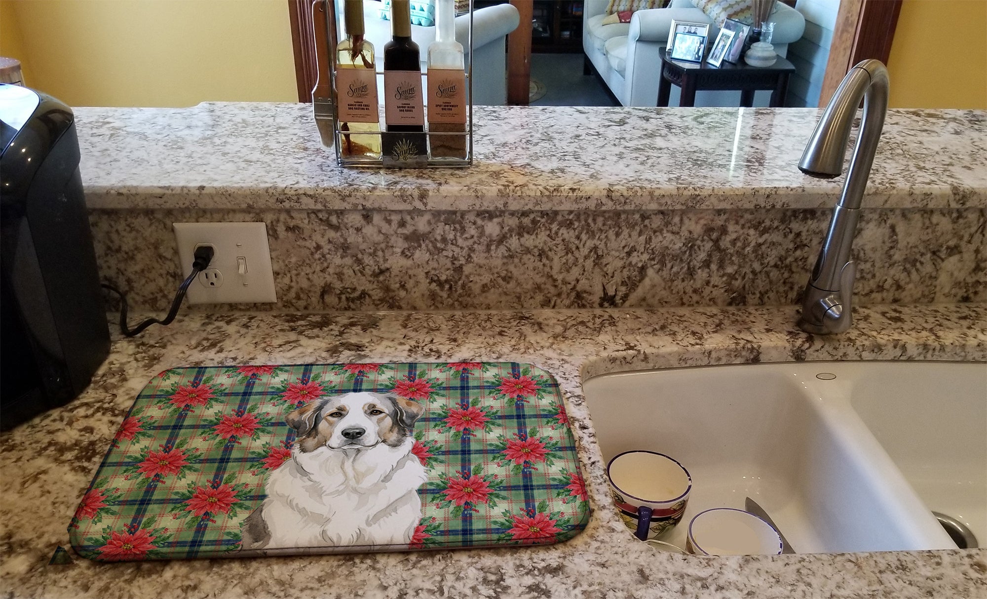 Badger Great Pyrenees Christmas PoinsettIas Dish Drying Mat Absorbent Dish Drying Mat Pad for Kitchen Counter Dish Drainer Mat for Countertop, 14 x 21", Multicolor
