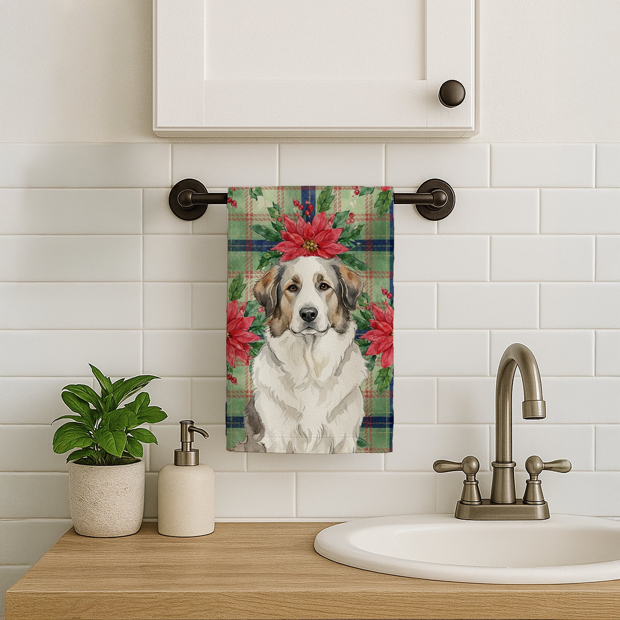 Badger Great Pyrenees Christmas PoinsettIas Kitchen Towel Velour Plush Front and Cotton Loop Back Machine Washable