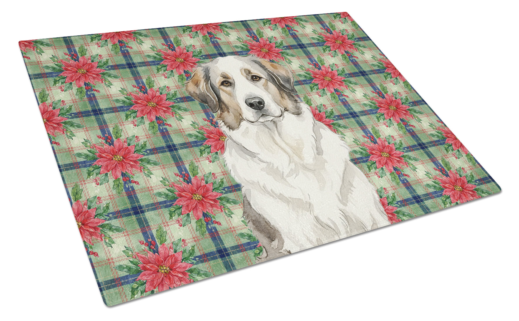 Badger Great Pyrenees Christmas PoinsettIas Cutting Board Tempered Glass Kitchen Cutting Surface, Heat Resistant Chopping, Non-Slip Feet, Food Prep & Serving