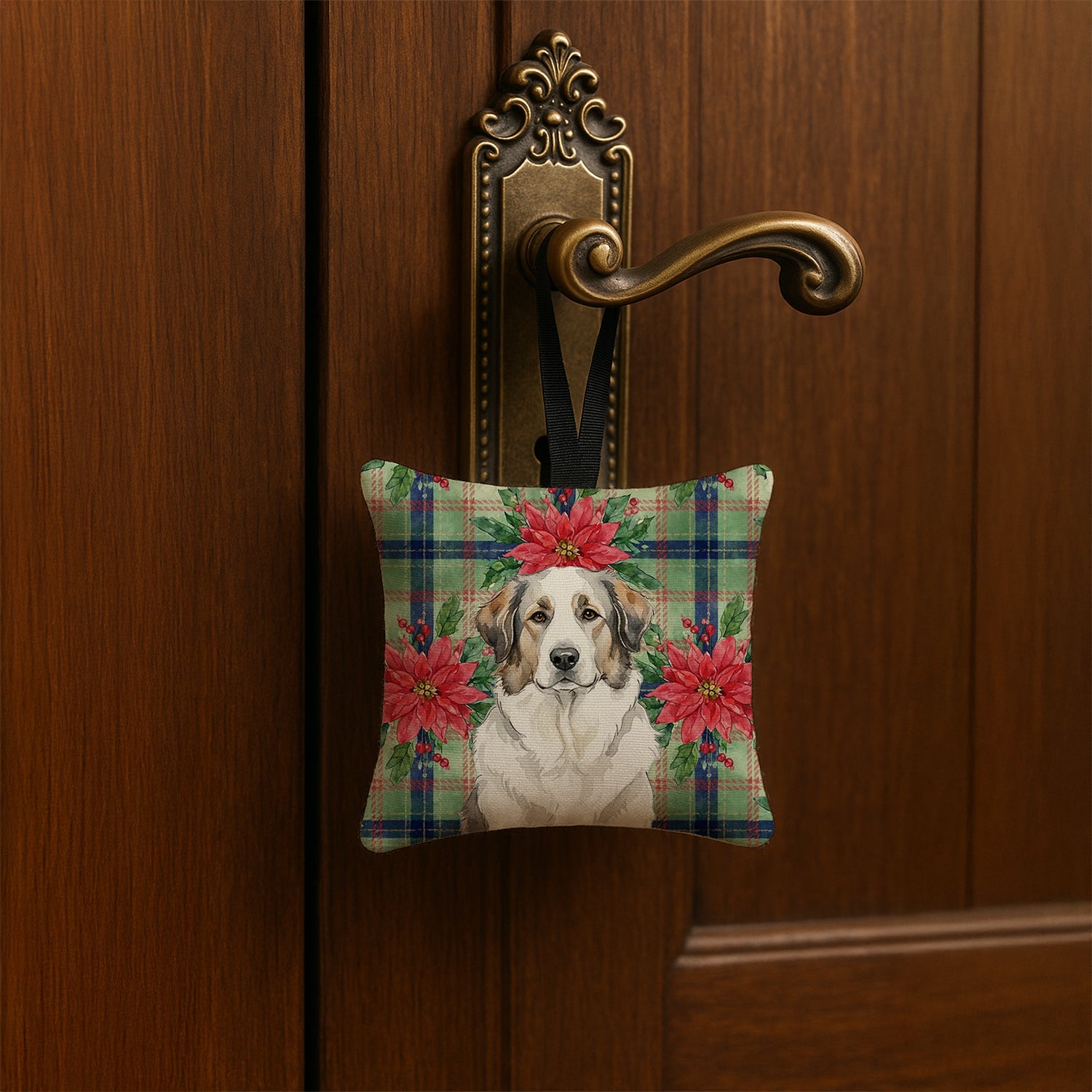 Badger Great Pyrenees Christmas PoinsettIas Hanging Square Fabric Ornament 3.5 � 3.5 Decorative Door-Knob & Tree Hanger, Soft Fabric
