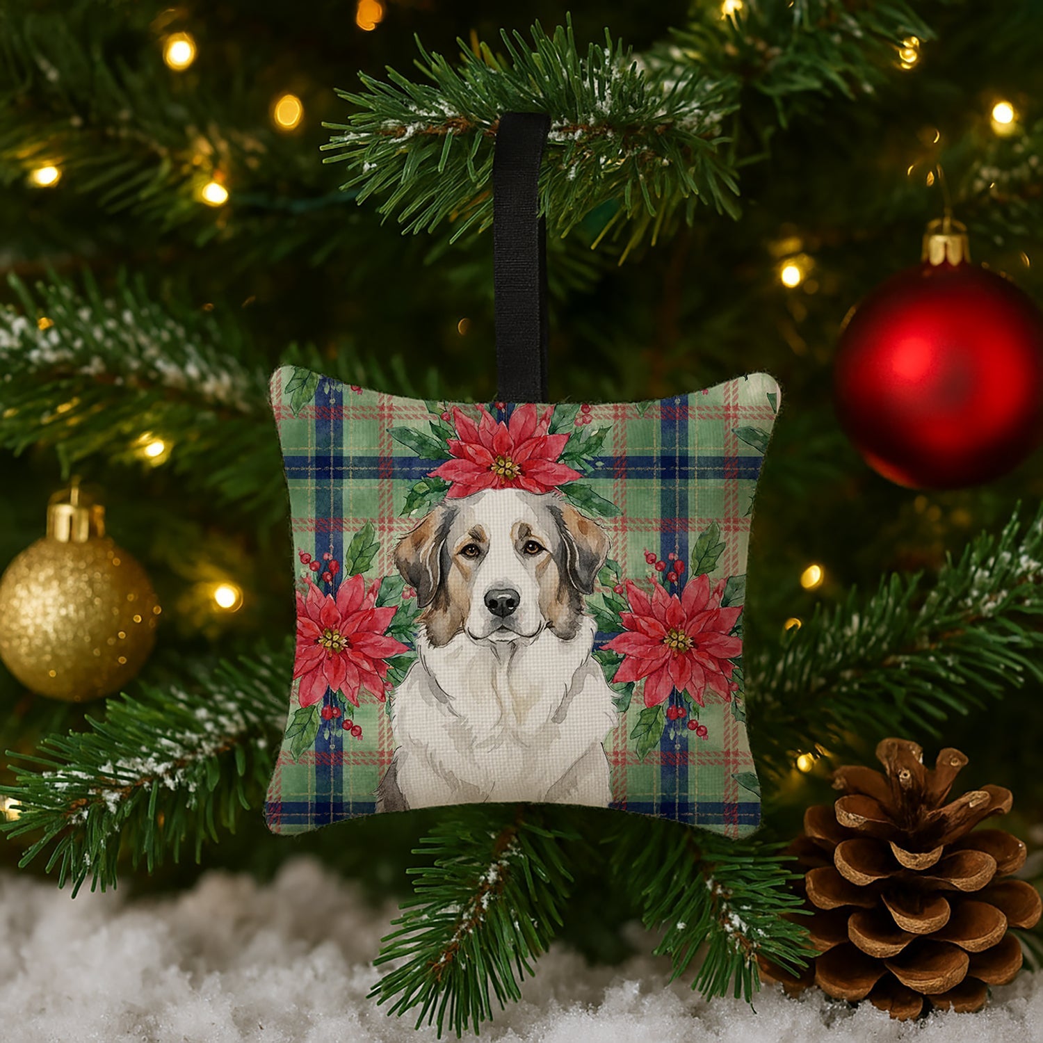 Badger Great Pyrenees Christmas PoinsettIas Hanging Square Fabric Ornament 3.5 � 3.5 Decorative Door-Knob & Tree Hanger, Soft Fabric