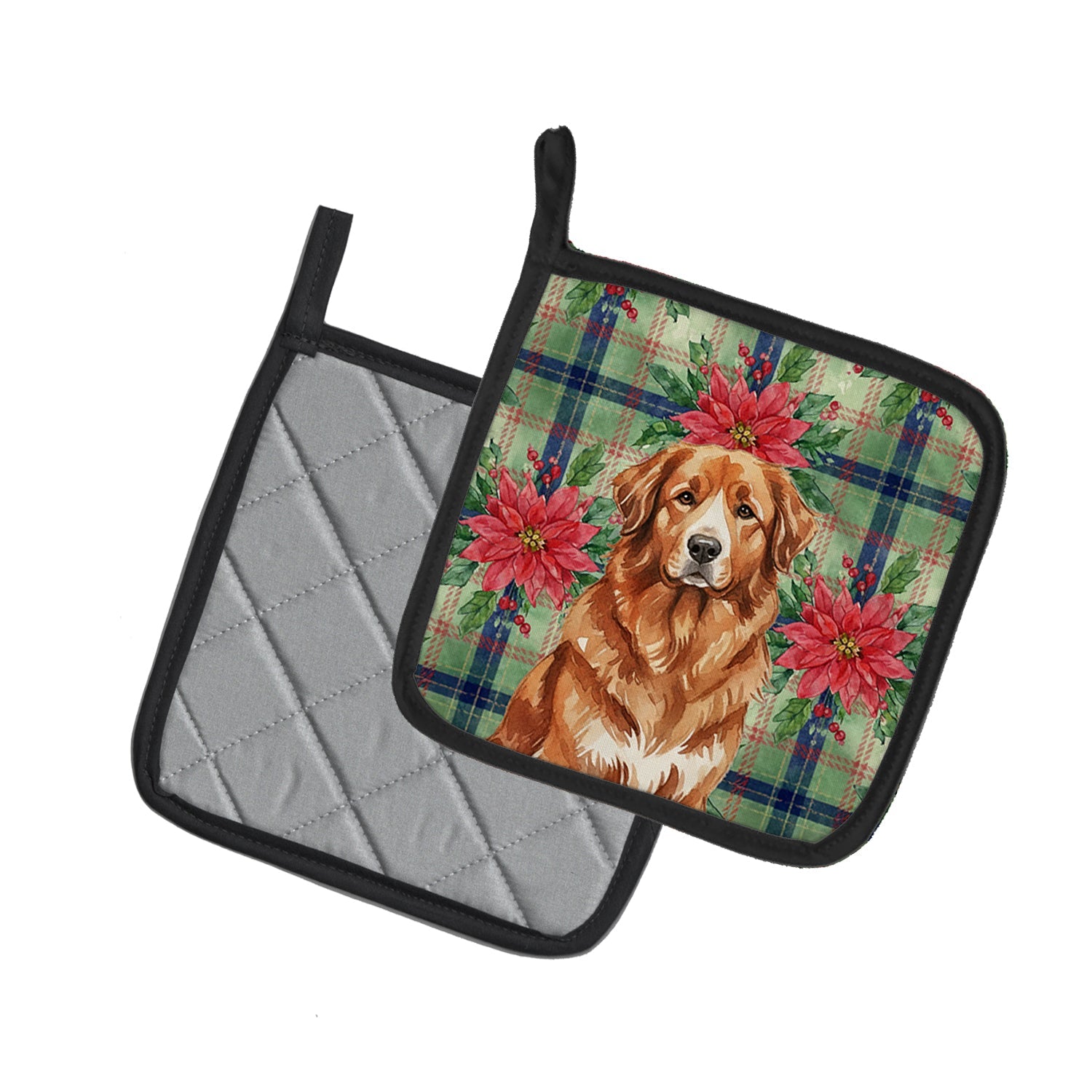 Reddish Brown Great Pyrenees Christmas PoinsettIas Pot Holder Set of 2 Heat Resistant Quilted Hot Pads 7.5 x 7.5 Inch, Insulated Kitchen Trivets for Cooking & Baking