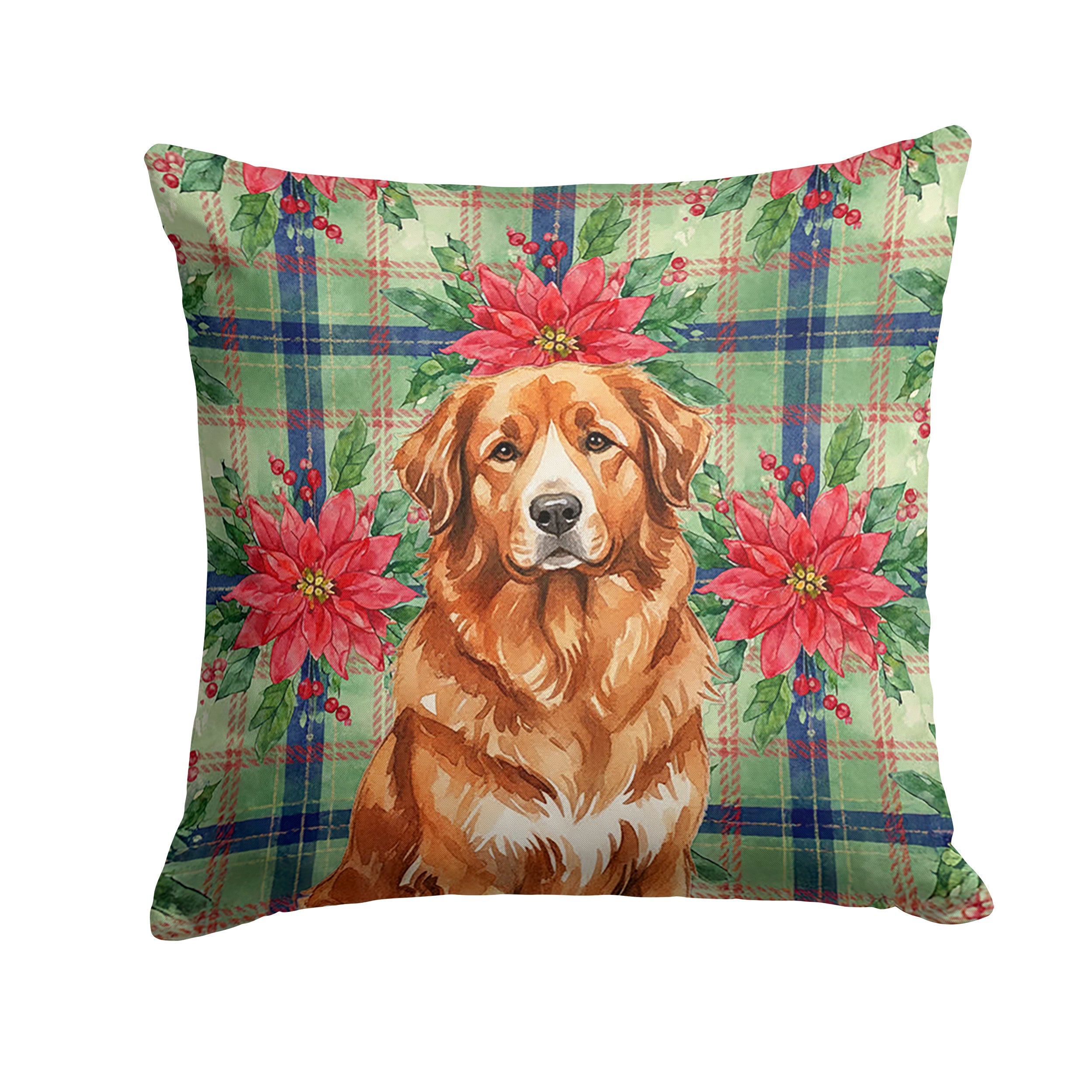 Reddish Brown Great Pyrenees Christmas PoinsettIas Decorative Throw Pillow 14x14 Indoor Outdoor Accent Cushion, Fabric Cover with Insert for Sofa, Bed, Porch & Living Room