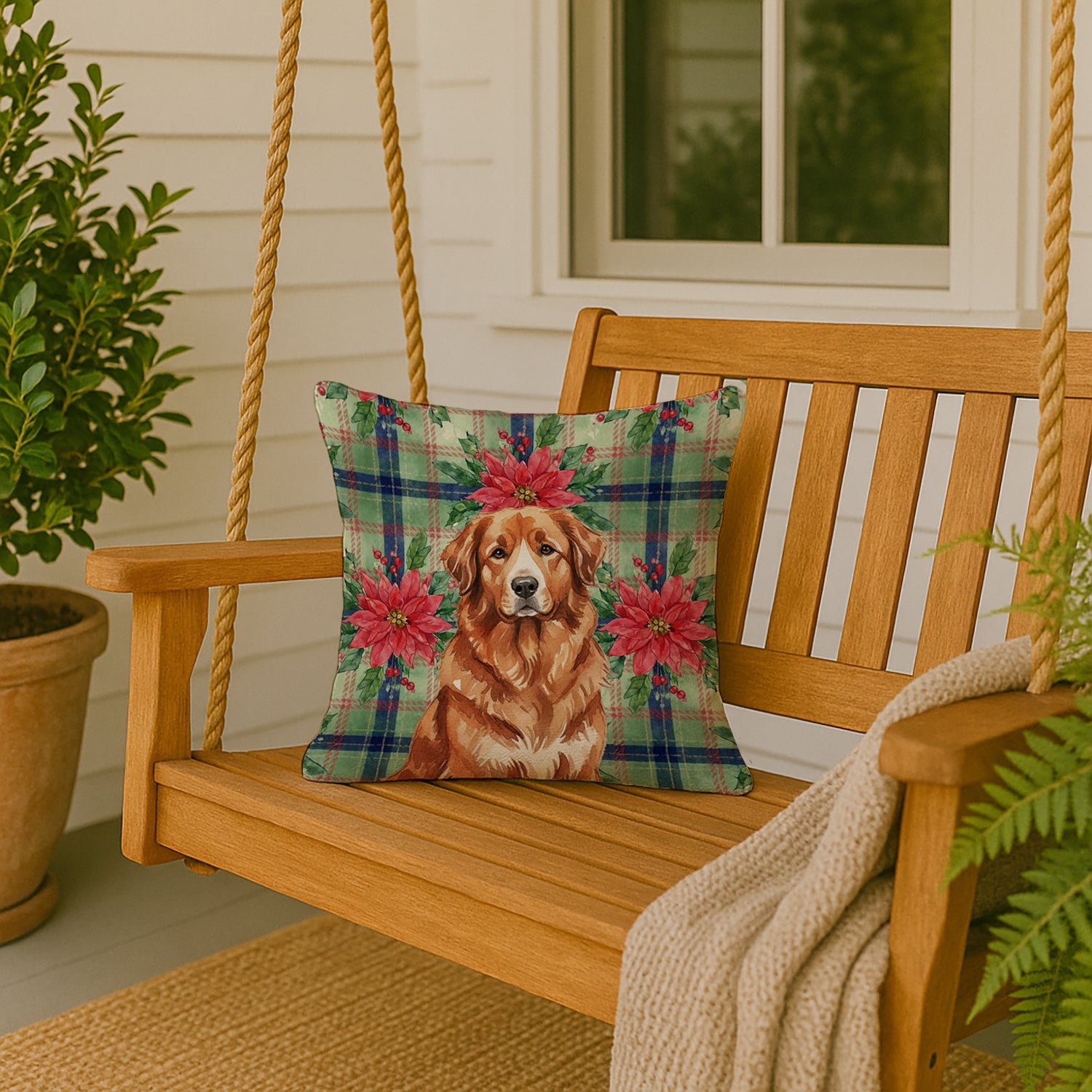 Reddish Brown Great Pyrenees Christmas PoinsettIas Decorative Throw Pillow 18x18 Indoor Outdoor Accent Cushion, Fabric Cover with Insert for Sofa, Bed, Porch & Living Room