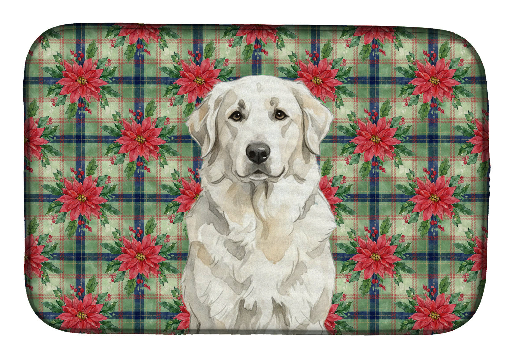White Great Pyrenees Christmas PoinsettIas Dish Drying Mat Absorbent Dish Drying Mat Pad for Kitchen Counter Dish Drainer Mat for Countertop, 14 x 21", Multicolor