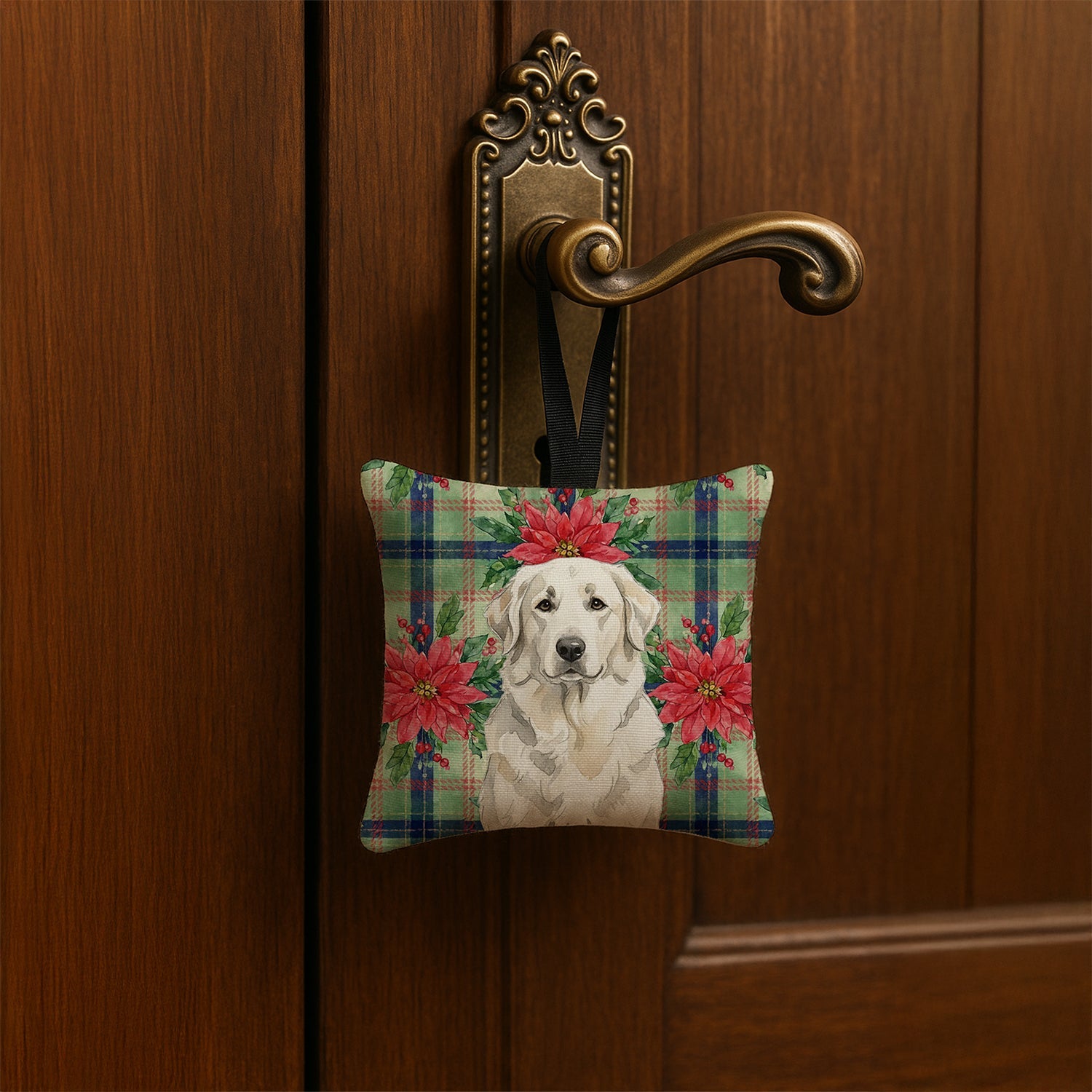White Great Pyrenees Christmas PoinsettIas Hanging Square Fabric Ornament 3.5 � 3.5 Decorative Door-Knob & Tree Hanger, Soft Fabric
