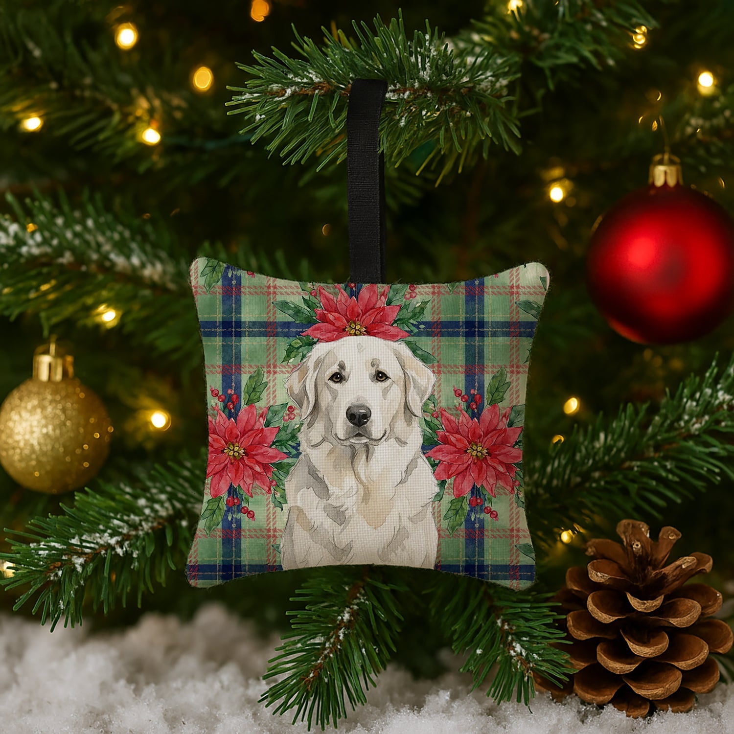 White Great Pyrenees Christmas PoinsettIas Hanging Square Fabric Ornament 3.5 � 3.5 Decorative Door-Knob & Tree Hanger, Soft Fabric