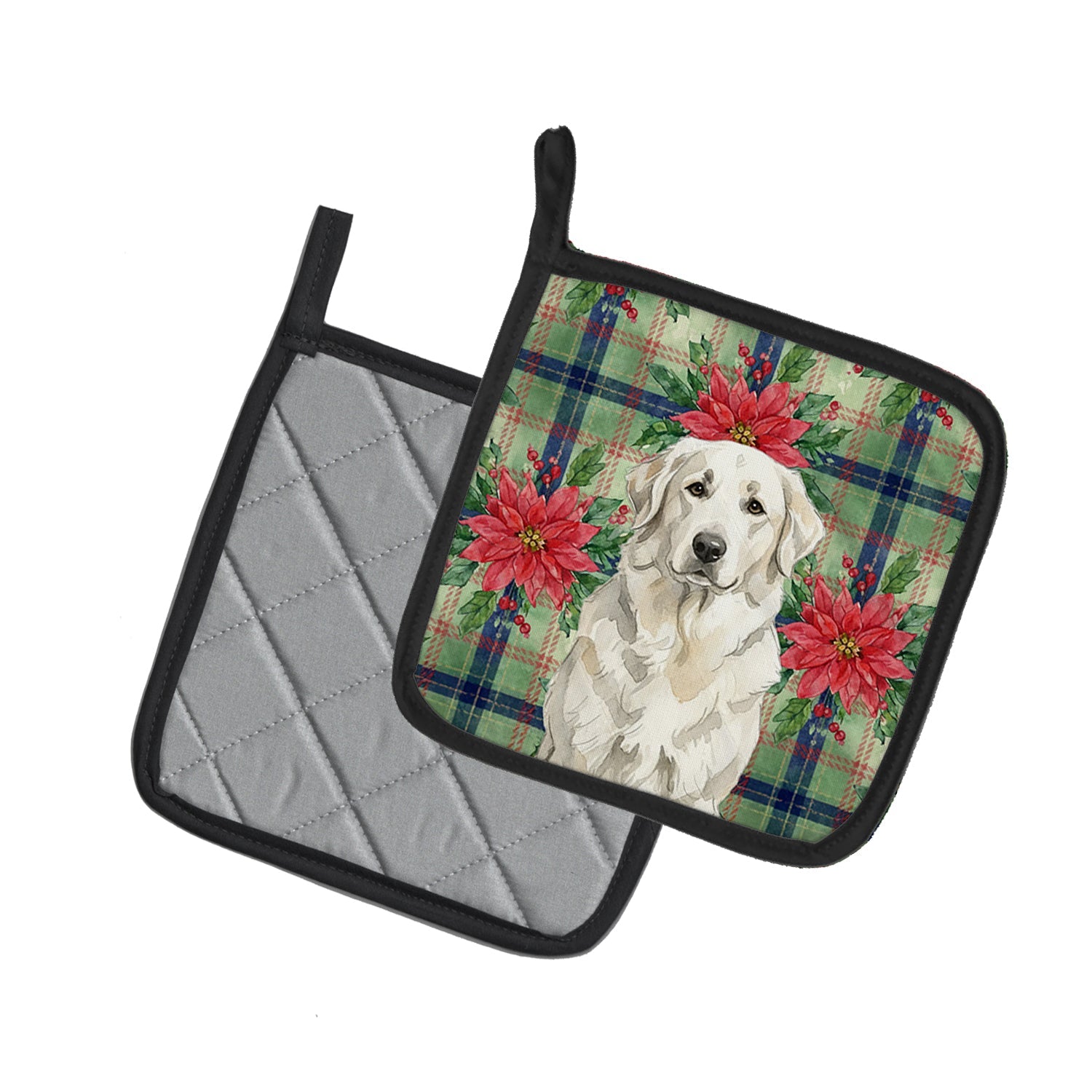 White Great Pyrenees Christmas PoinsettIas Pot Holder Set of 2 Heat Resistant Quilted Hot Pads 7.5 x 7.5 Inch, Insulated Kitchen Trivets for Cooking & Baking