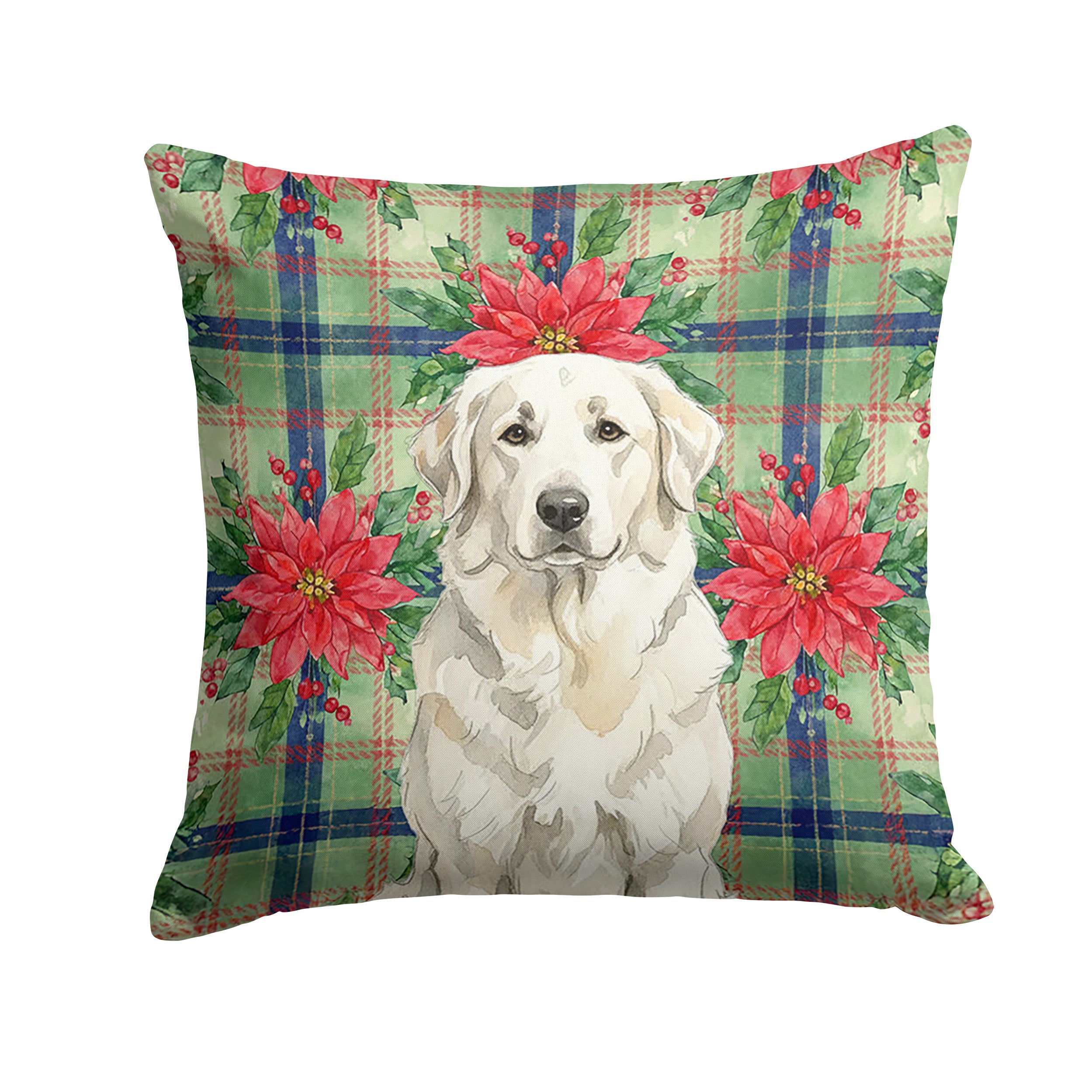 White Great Pyrenees Christmas PoinsettIas Decorative Throw Pillow 14x14 Indoor Outdoor Accent Cushion, Fabric Cover with Insert for Sofa, Bed, Porch & Living Room