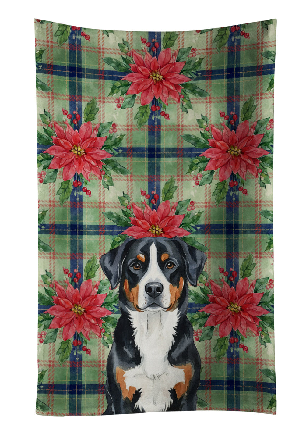 Greater Swiss Mountain Dog Christmas PoinsettIas Kitchen Towel Velour Plush Front and Cotton Loop Back Machine Washable