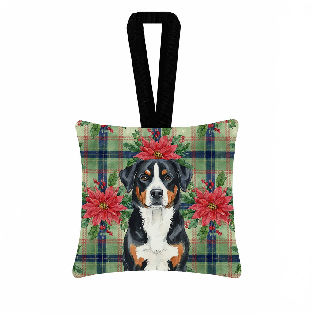 Greater Swiss Mountain Dog Christmas PoinsettIas Hanging Square Fabric Ornament 3.5 � 3.5 Decorative Door-Knob & Tree Hanger, Soft Fabric