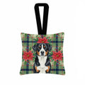 Greater Swiss Mountain Dog Christmas PoinsettIas Hanging Square Fabric Ornament 3.5 � 3.5 Decorative Door-Knob & Tree Hanger, Soft Fabric