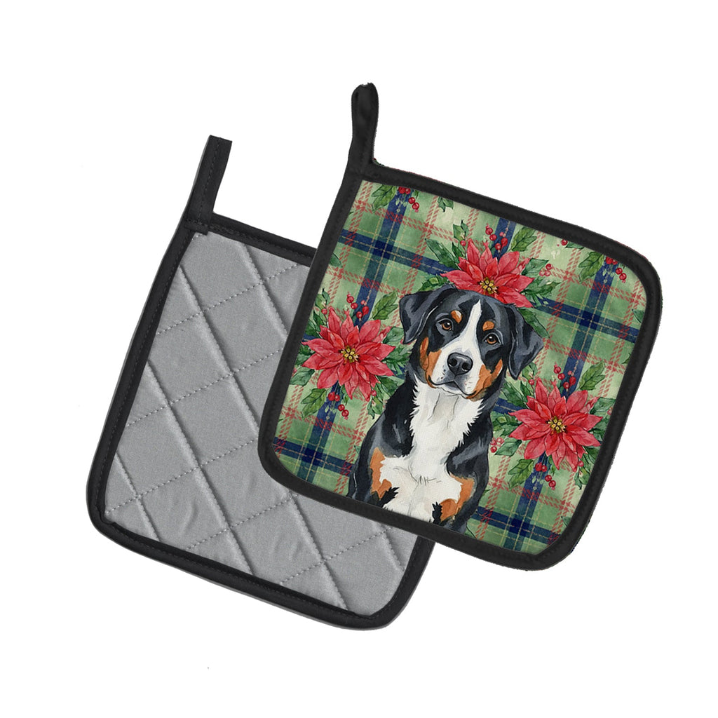 Greater Swiss Mountain Dog Christmas PoinsettIas Pot Holder Set of 2 Heat Resistant Quilted Hot Pads 7.5 x 7.5 Inch, Insulated Kitchen Trivets for Cooking & Baking