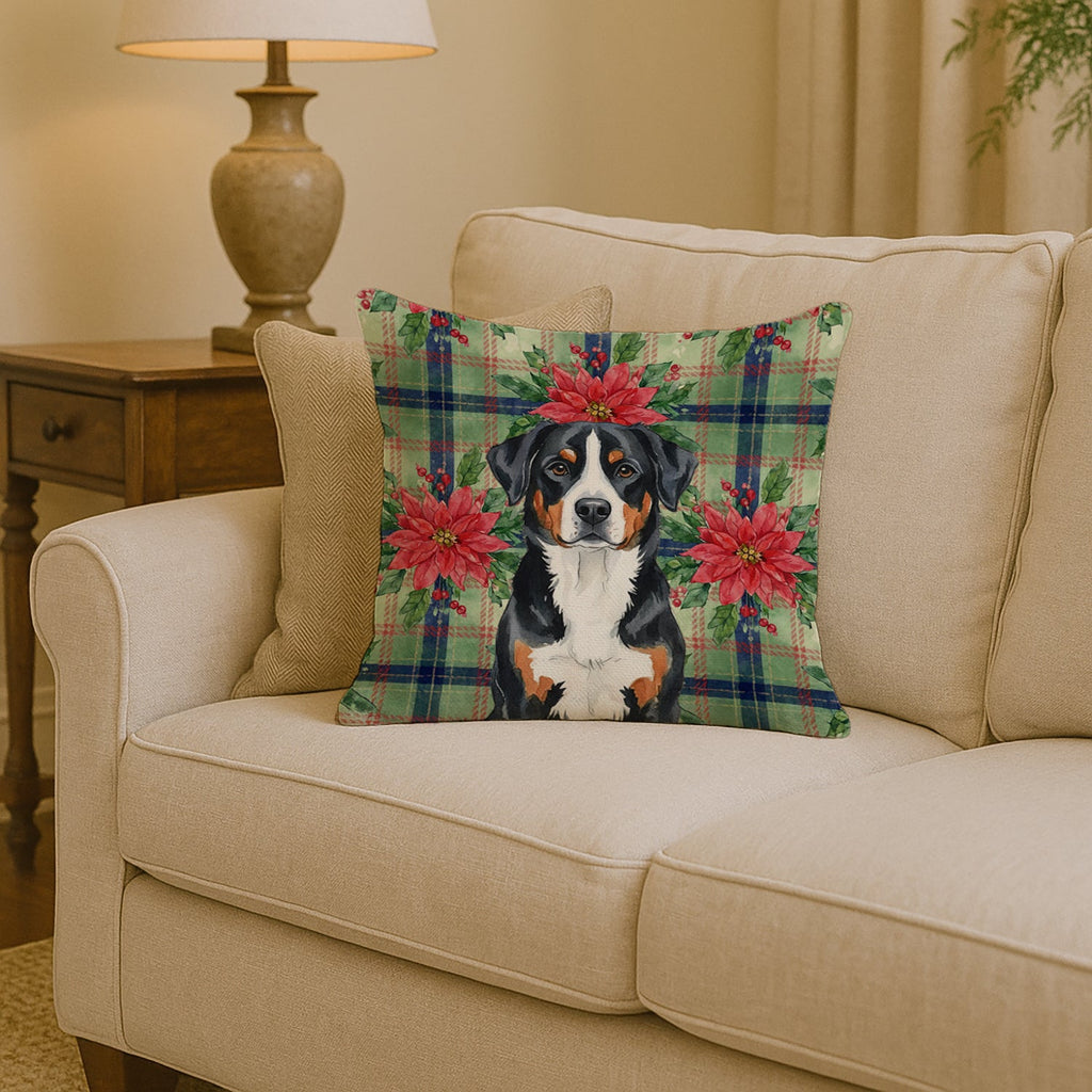 Greater Swiss Mountain Dog Christmas PoinsettIas Decorative Throw Pillow 14x14 Indoor Outdoor Accent Cushion, Fabric Cover with Insert for Sofa, Bed, Porch & Living Room