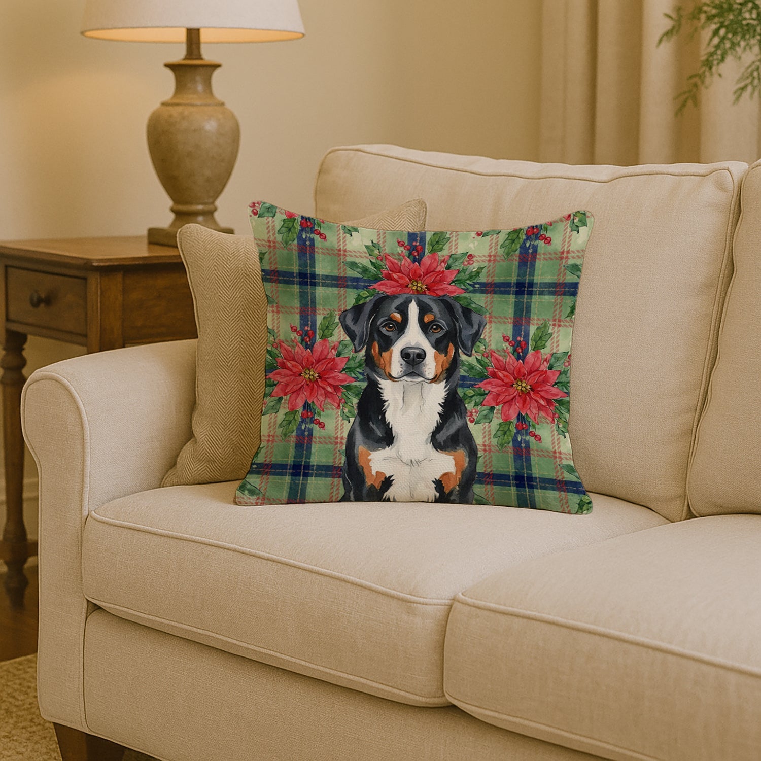 Greater Swiss Mountain Dog Christmas PoinsettIas Decorative Throw Pillow 14x14 Indoor Outdoor Accent Cushion, Fabric Cover with Insert for Sofa, Bed, Porch & Living Room