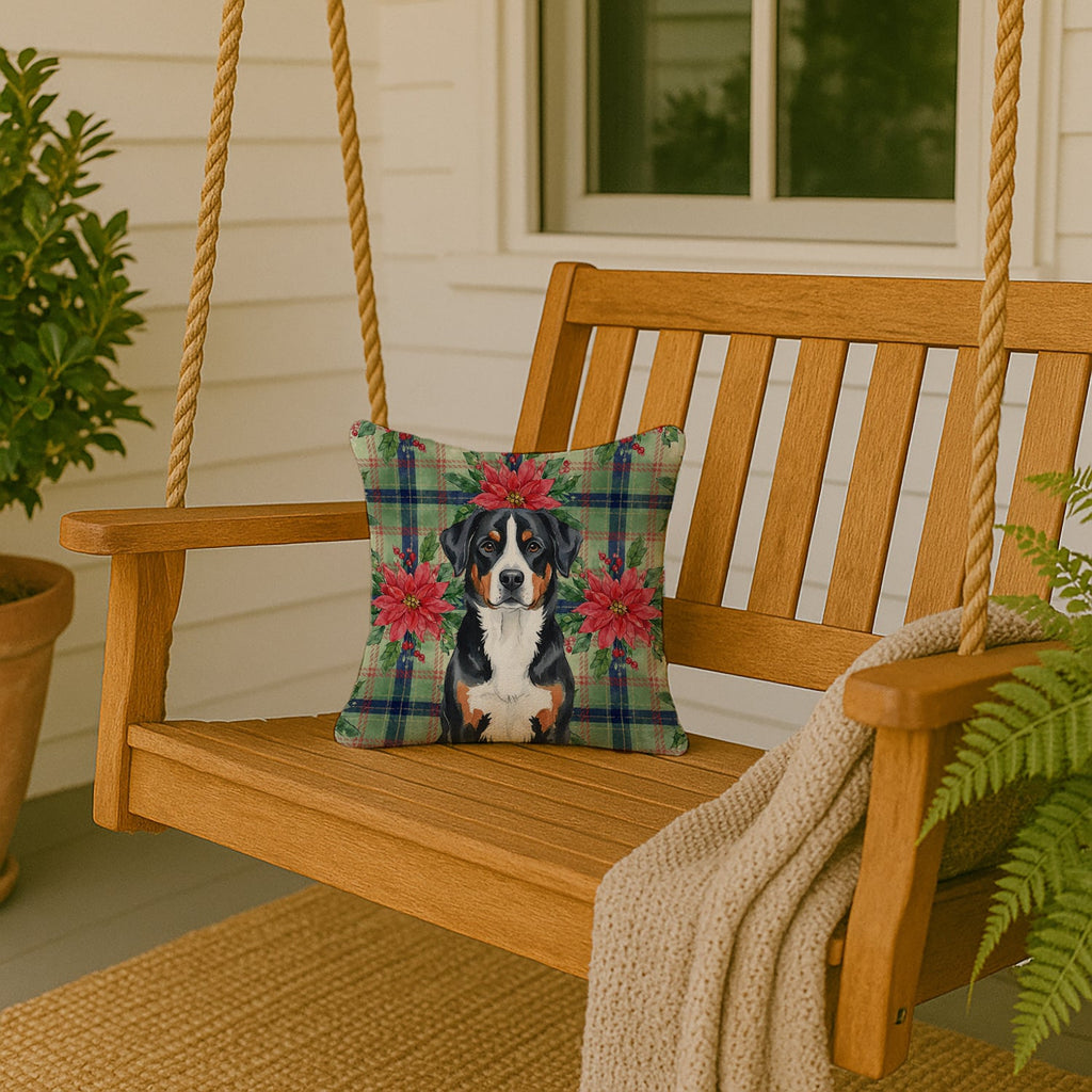 Greater Swiss Mountain Dog Christmas PoinsettIas Decorative Throw Pillow 14x14 Indoor Outdoor Accent Cushion, Fabric Cover with Insert for Sofa, Bed, Porch & Living Room