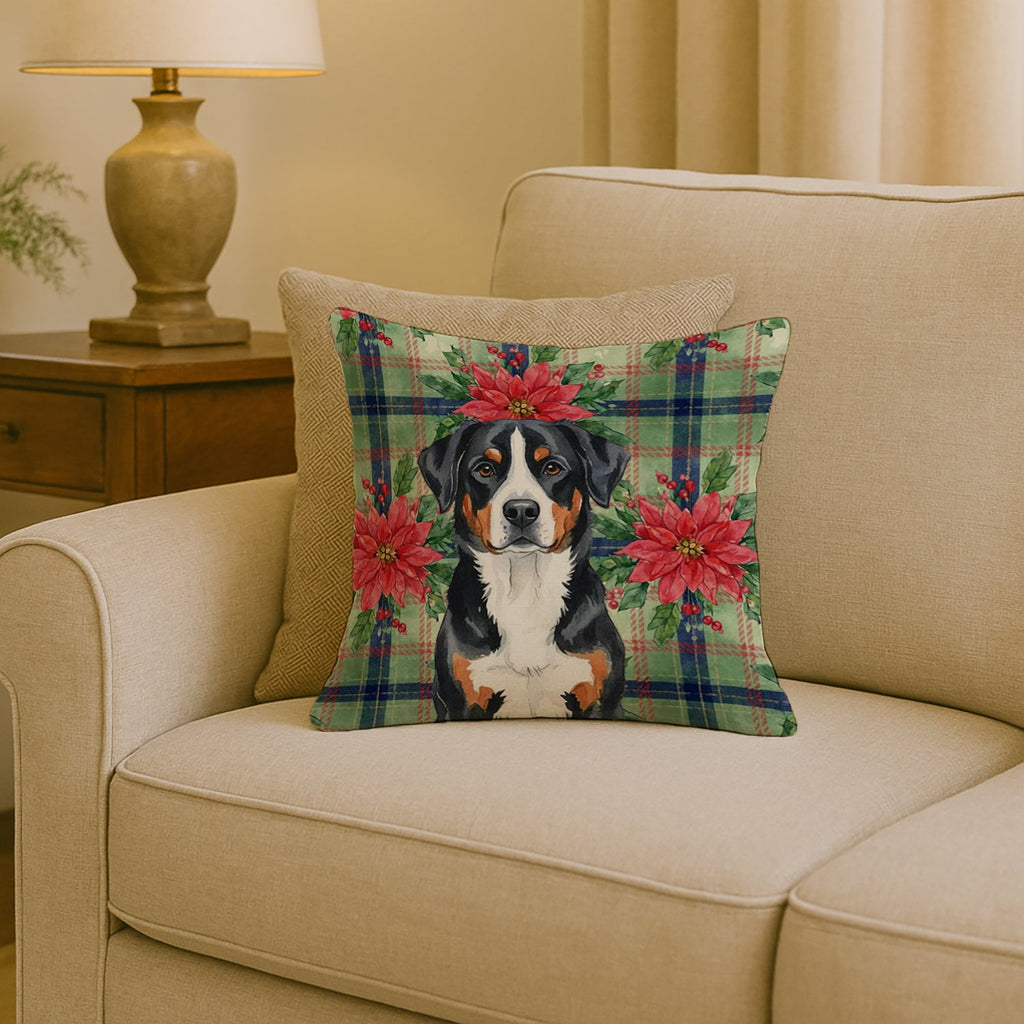 Greater Swiss Mountain Dog Christmas PoinsettIas Decorative Throw Pillow 18x18 Indoor Outdoor Accent Cushion, Fabric Cover with Insert for Sofa, Bed, Porch & Living Room