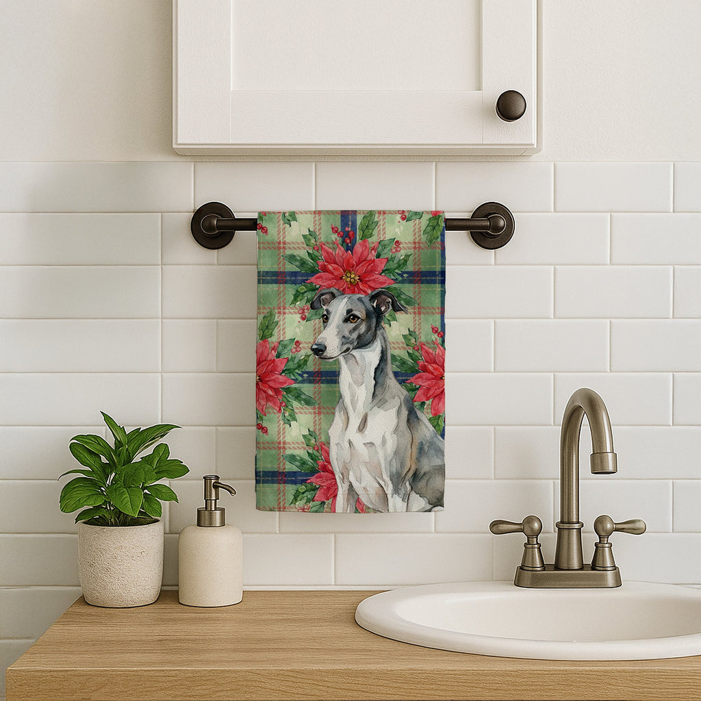 Black and White Greyhound Christmas PoinsettIas Kitchen Towel Velour Plush Front and Cotton Loop Back Machine Washable