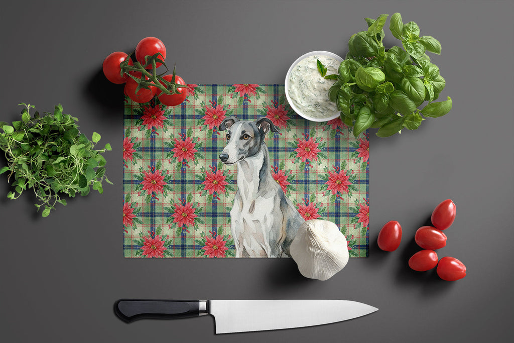 Black and White Greyhound Christmas PoinsettIas Cutting Board Tempered Glass Kitchen Cutting Surface, Heat Resistant Chopping, Non-Slip Feet, Food Prep & Serving