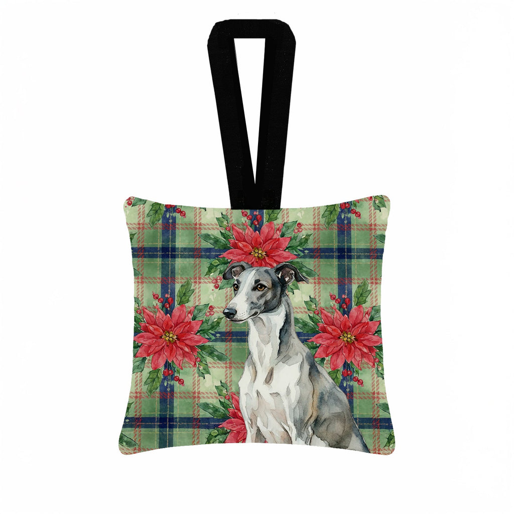 Black and White Greyhound Christmas PoinsettIas Hanging Square Fabric Ornament 3.5 � 3.5 Decorative Door-Knob & Tree Hanger, Soft Fabric