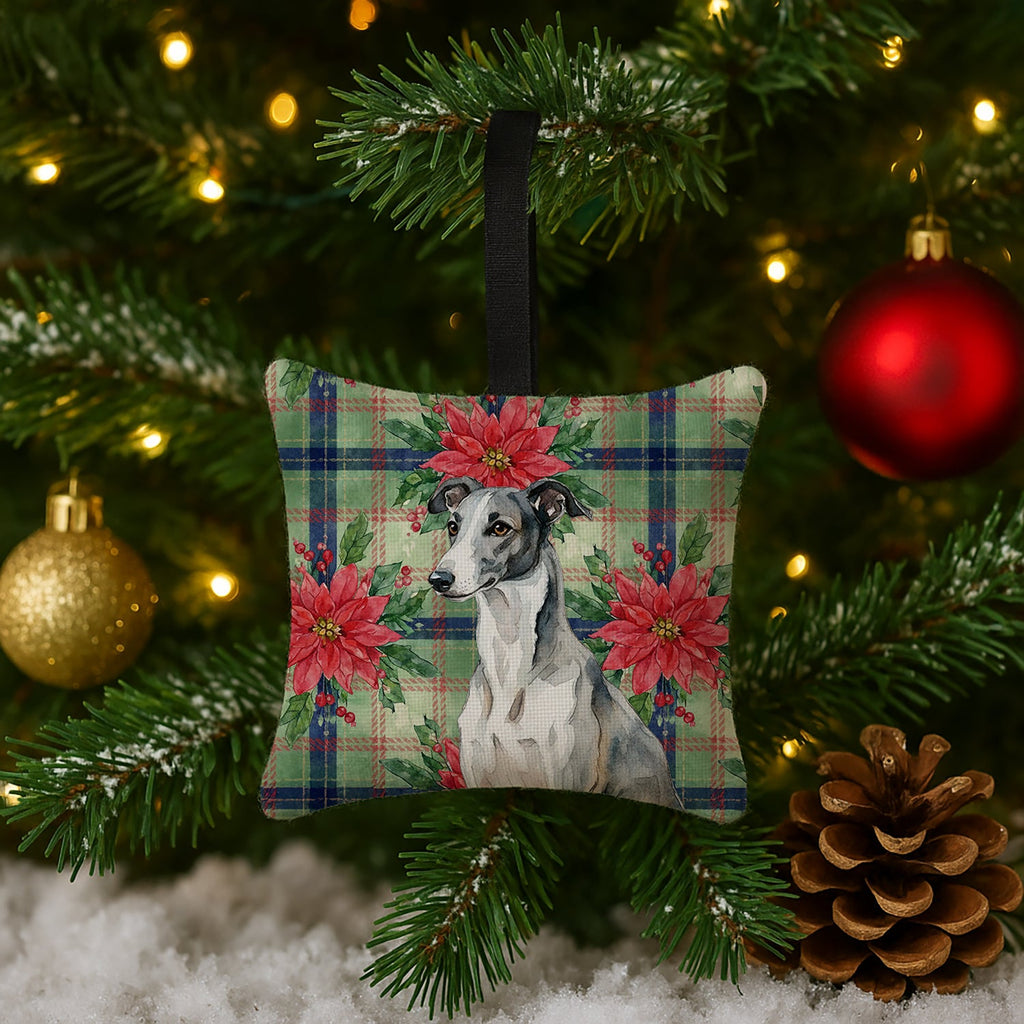 Black and White Greyhound Christmas PoinsettIas Hanging Square Fabric Ornament 3.5 � 3.5 Decorative Door-Knob & Tree Hanger, Soft Fabric