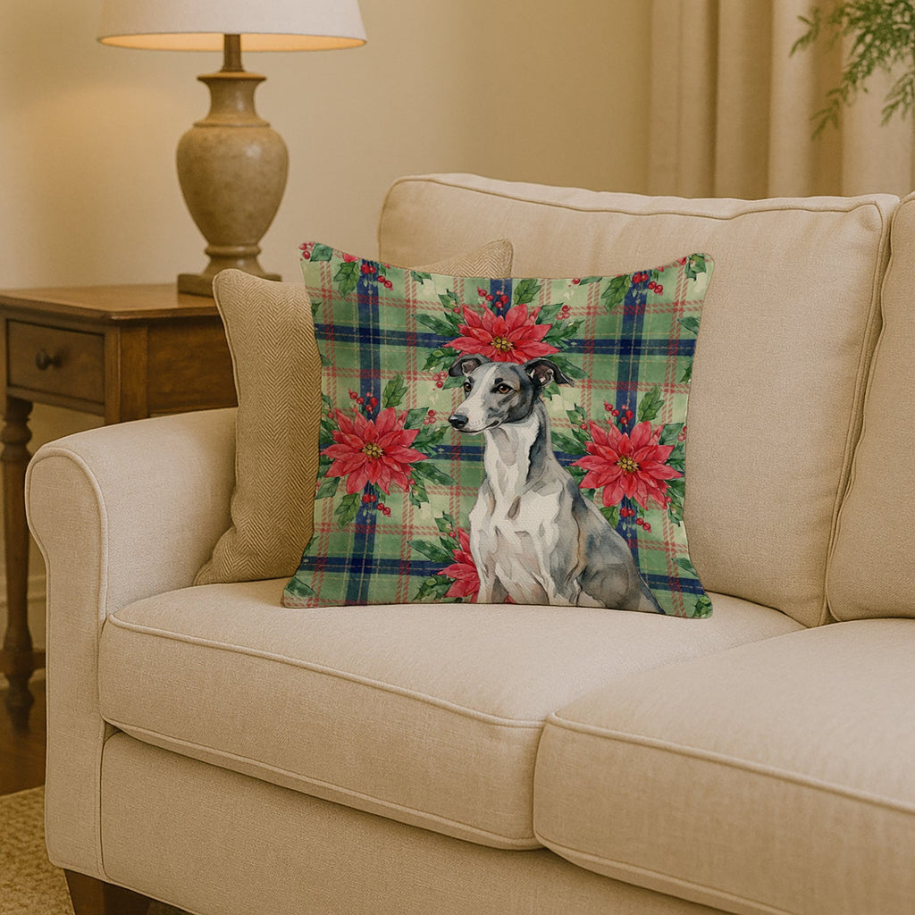 Black and White Greyhound Christmas PoinsettIas Decorative Throw Pillow 14x14 Indoor Outdoor Accent Cushion, Fabric Cover with Insert for Sofa, Bed, Porch & Living Room