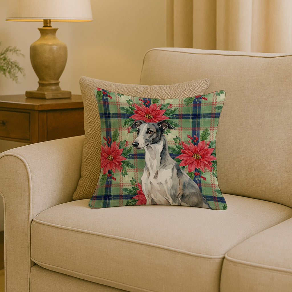 Black and White Greyhound Christmas PoinsettIas Decorative Throw Pillow 18x18 Indoor Outdoor Accent Cushion, Fabric Cover with Insert for Sofa, Bed, Porch & Living Room