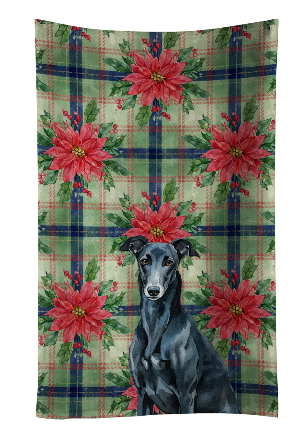 Black Greyhound Christmas PoinsettIas Kitchen Towel Velour Plush Front and Cotton Loop Back Machine Washable