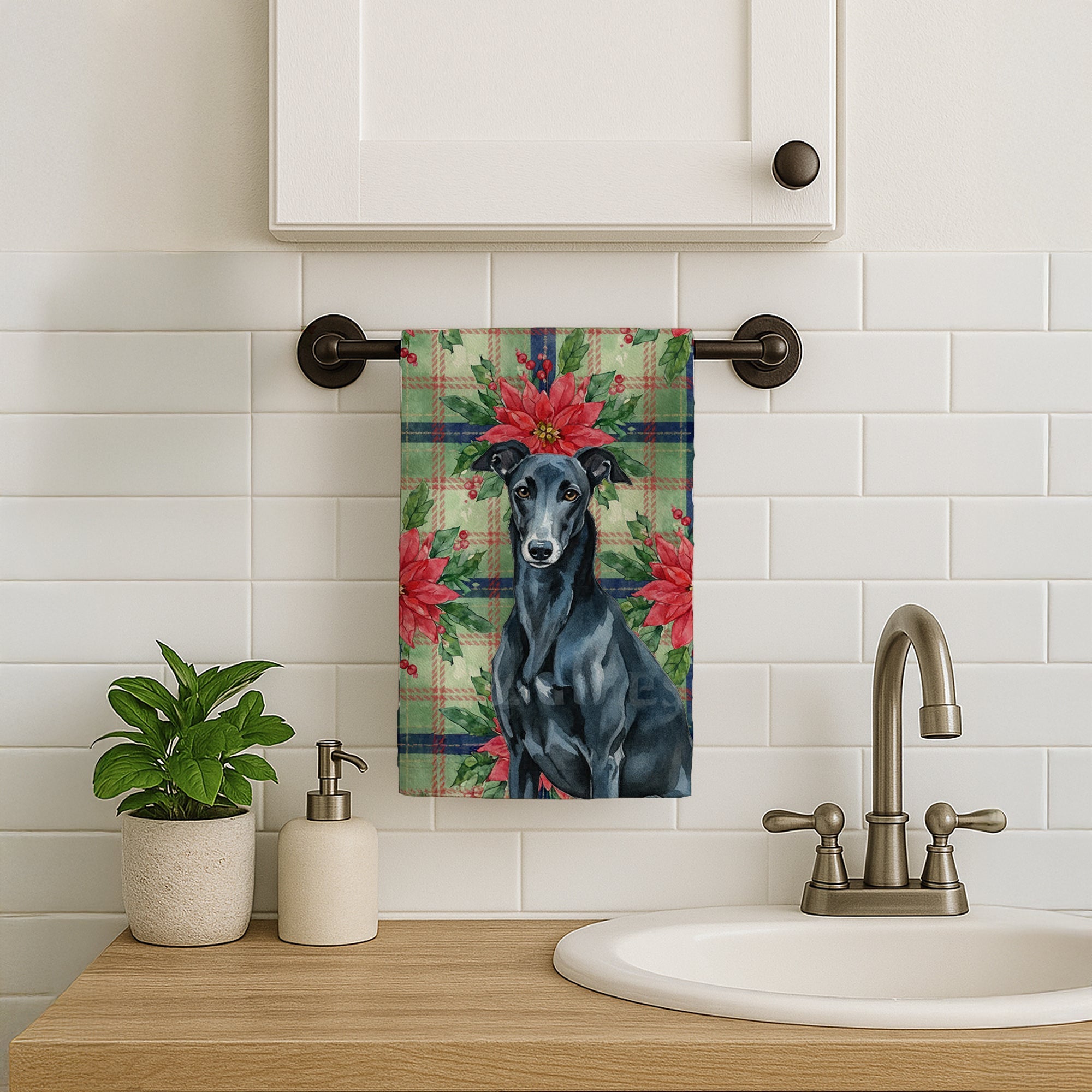 Black Greyhound Christmas PoinsettIas Kitchen Towel Velour Plush Front and Cotton Loop Back Machine Washable