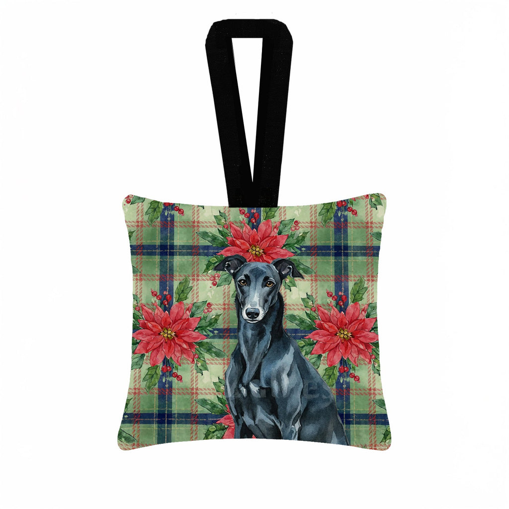Black Greyhound Christmas PoinsettIas Hanging Square Fabric Ornament 3.5 � 3.5 Decorative Door-Knob & Tree Hanger, Soft Fabric