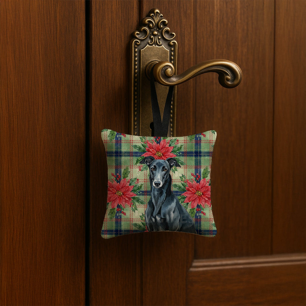 Black Greyhound Christmas PoinsettIas Hanging Square Fabric Ornament 3.5 � 3.5 Decorative Door-Knob & Tree Hanger, Soft Fabric